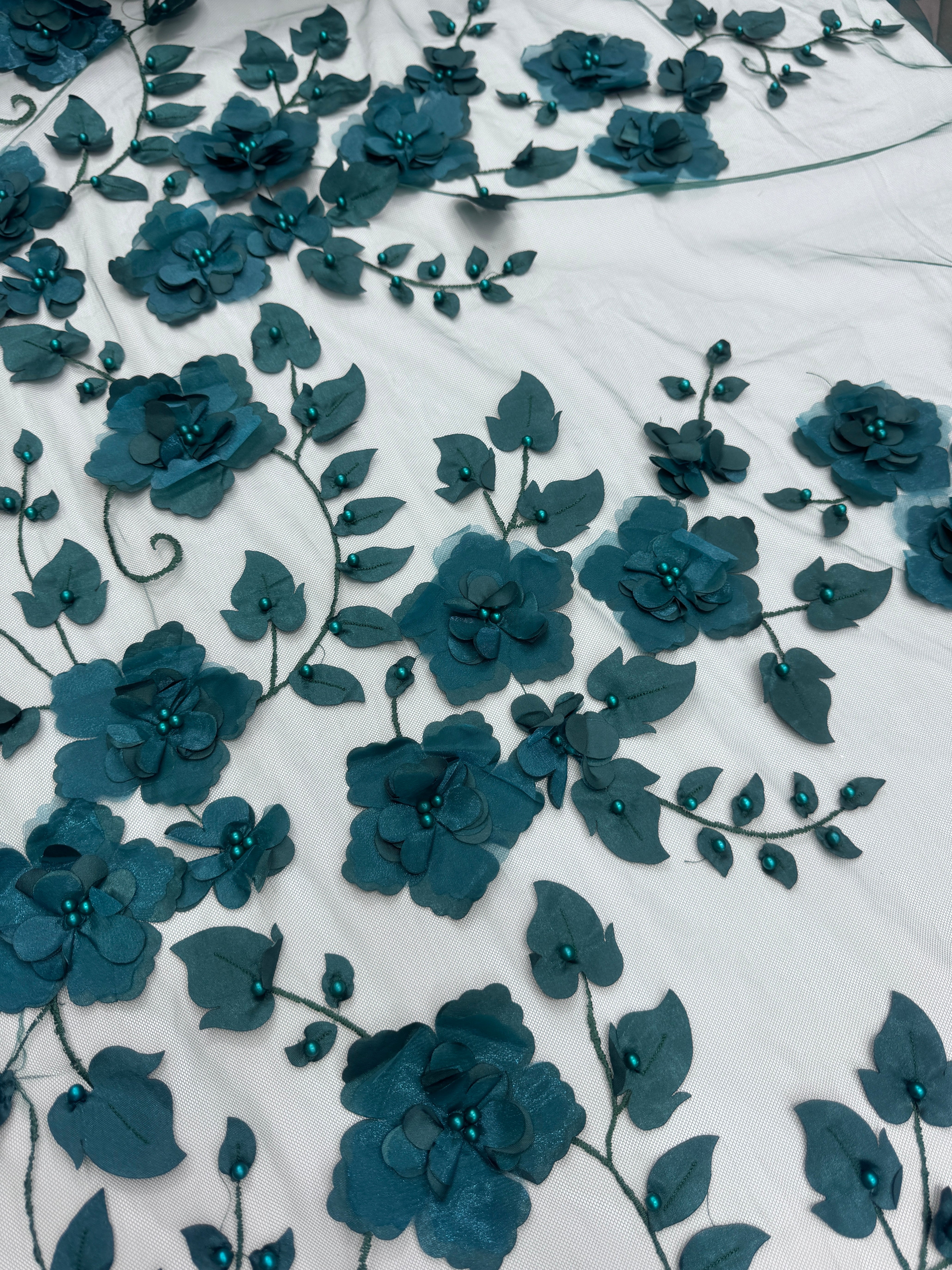 Hunter Green 3D Flower Beaded Lace Mesh, shop fabrics online, sewing, fabric store, sewing store, cheap fabric store, kiki textiles, textile by the yard