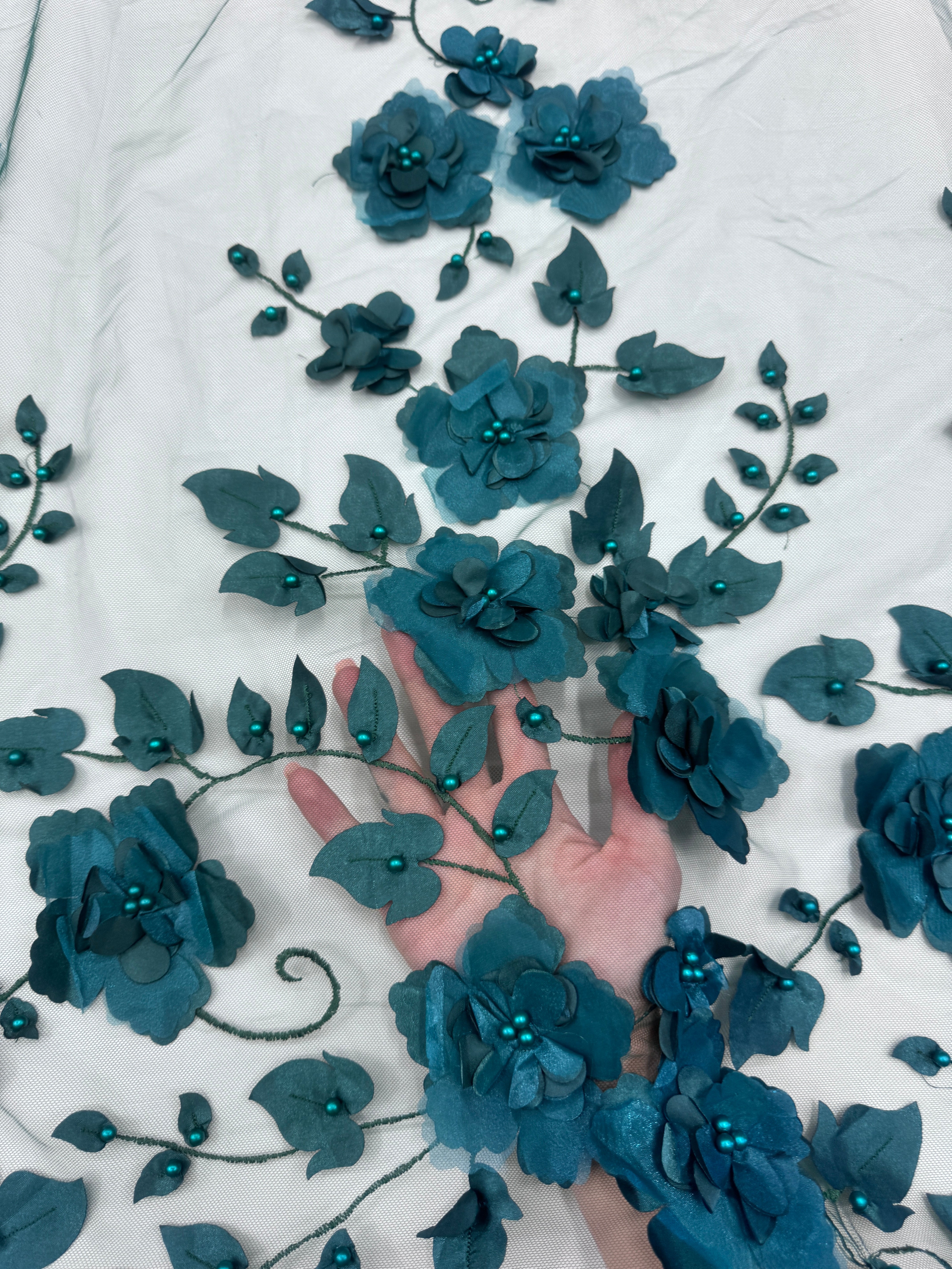 Hunter green 3D Flower Beaded Lace Mesh, Hunter green Mesh, Nude lace mesh, lace mesh for woman, lace mesh for bride, lace mesh on sale, lace mesh on discount