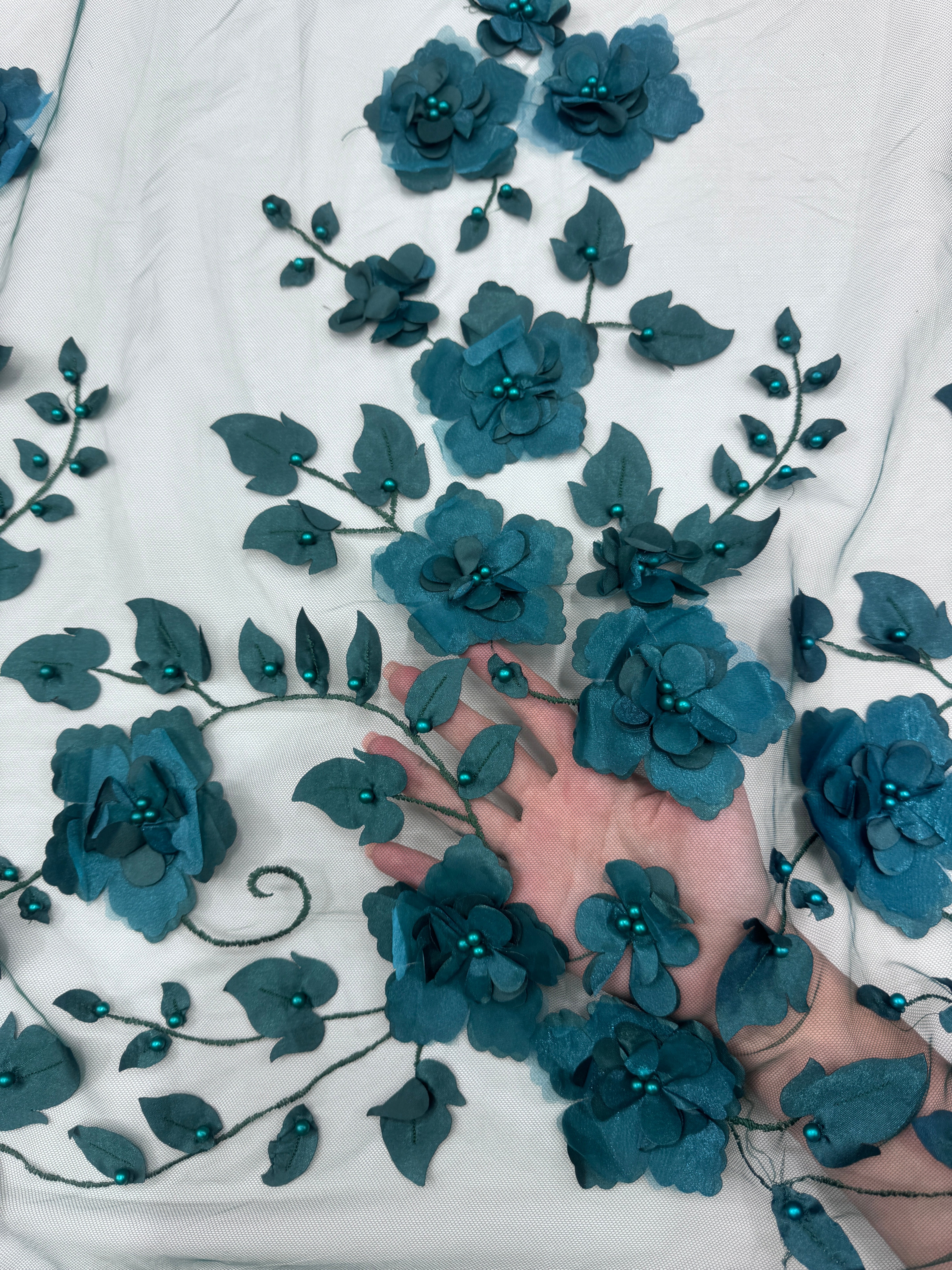 Hunter Green 3D Flower Beaded Lace Mesh, shop fabrics online, sewing, fabric store, sewing store, cheap fabric store, kiki textiles, textile by the yard