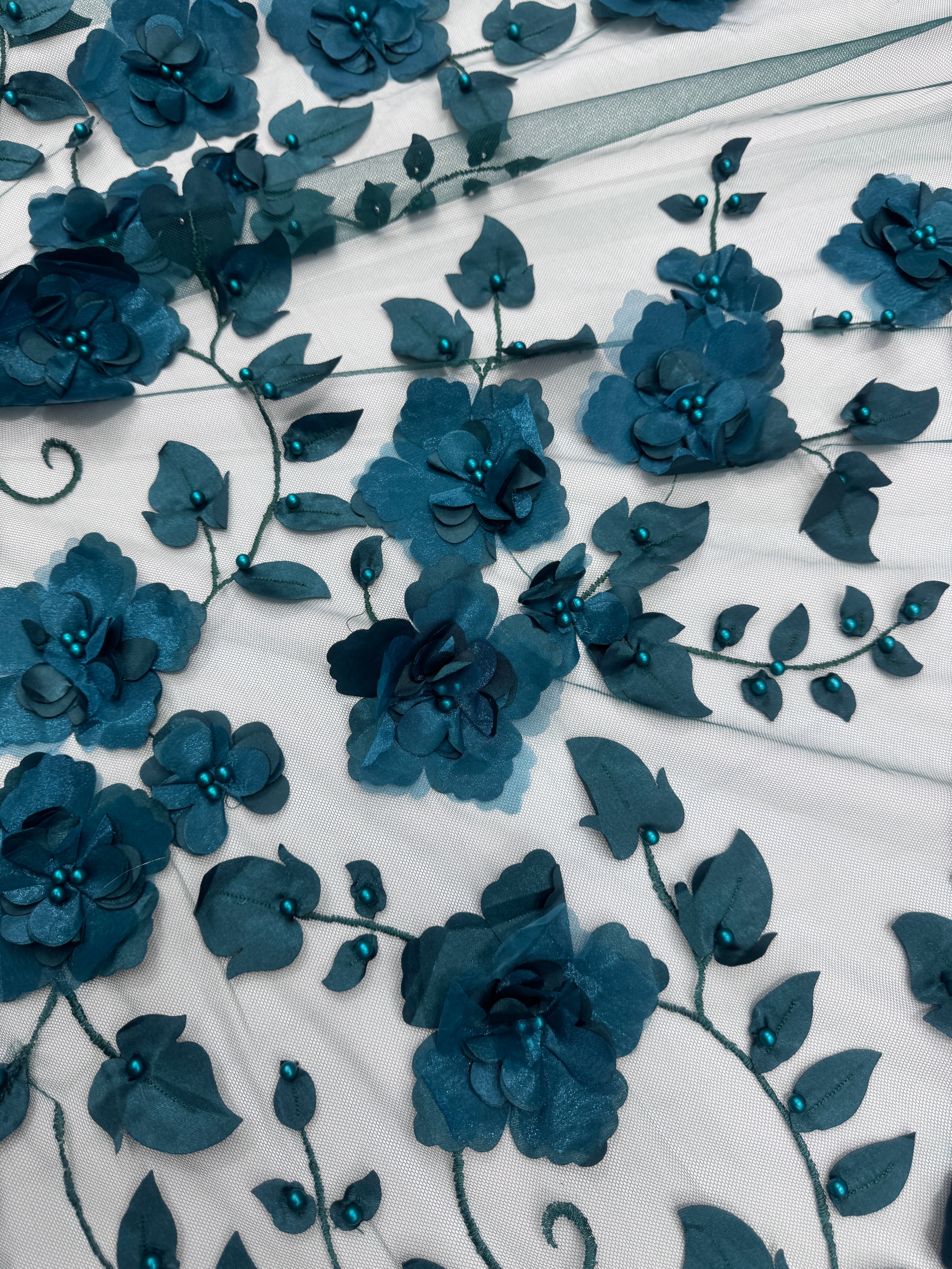 Hunter green 3D Flower Beaded Lace Mesh, Hunter green Mesh, Nude lace mesh, lace mesh for woman, lace mesh for bride, lace mesh on sale, lace mesh on discount