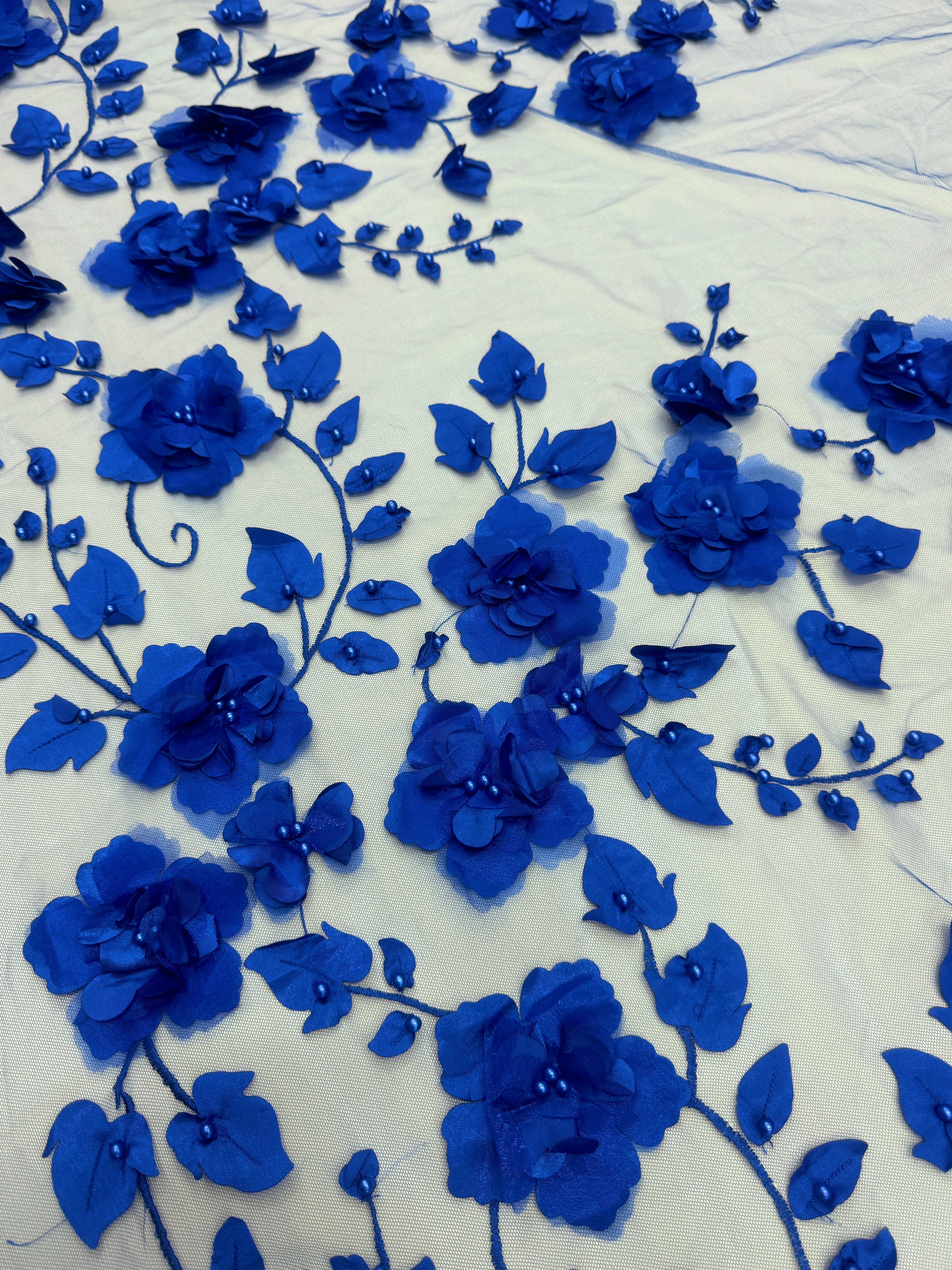 Royal Blue 3D Flower Beaded lace mesh, Blue Mesh, Nude lace mesh, lace mesh for woman, lace mesh for bride, lace mesh on sale, lace mesh on discount