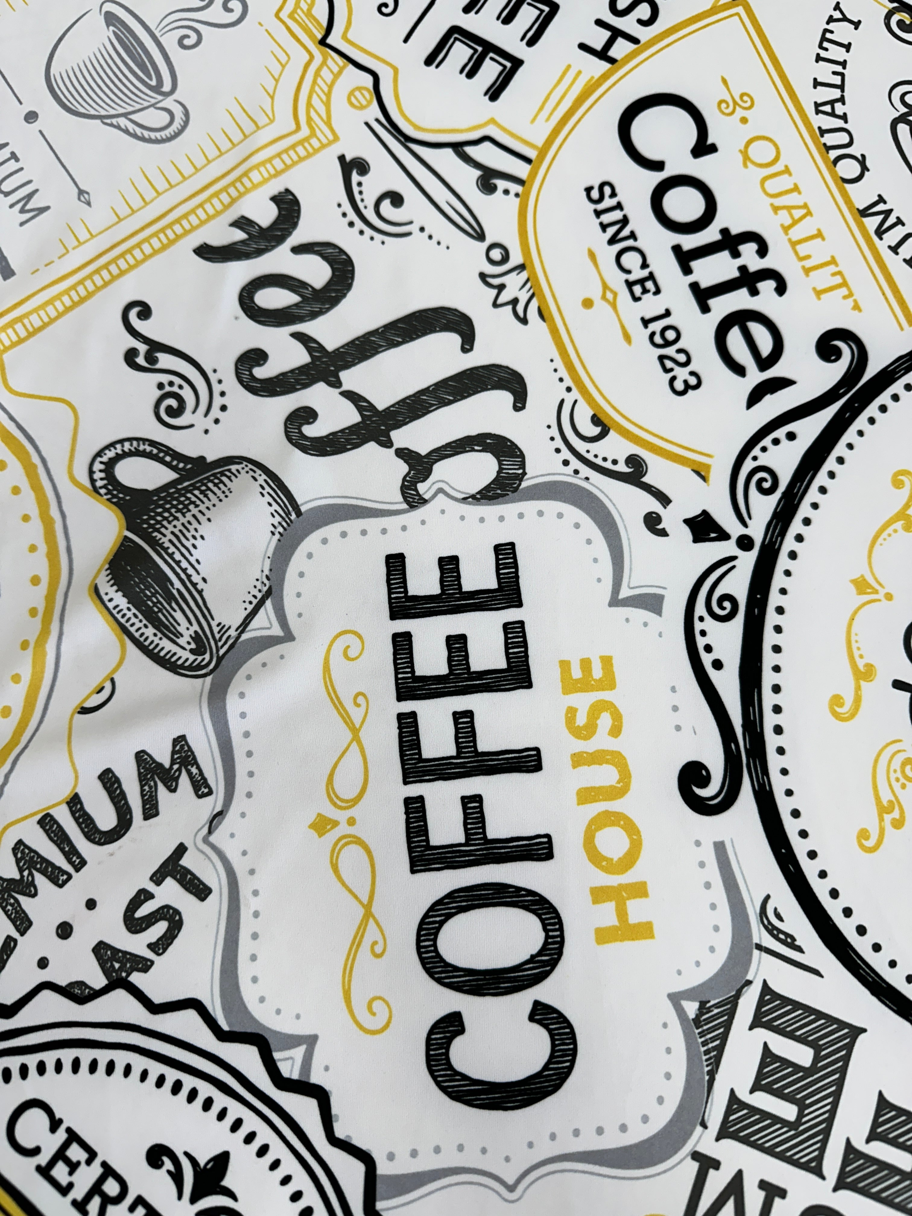White Coffee Print Nylon Spandex, White Spandex, Nylon Spandex, Shiny Spandex,Stretch Fabric, 4 way stretch fabric, Fabric on Sale, Activewear Fabric, Polyester Fabric