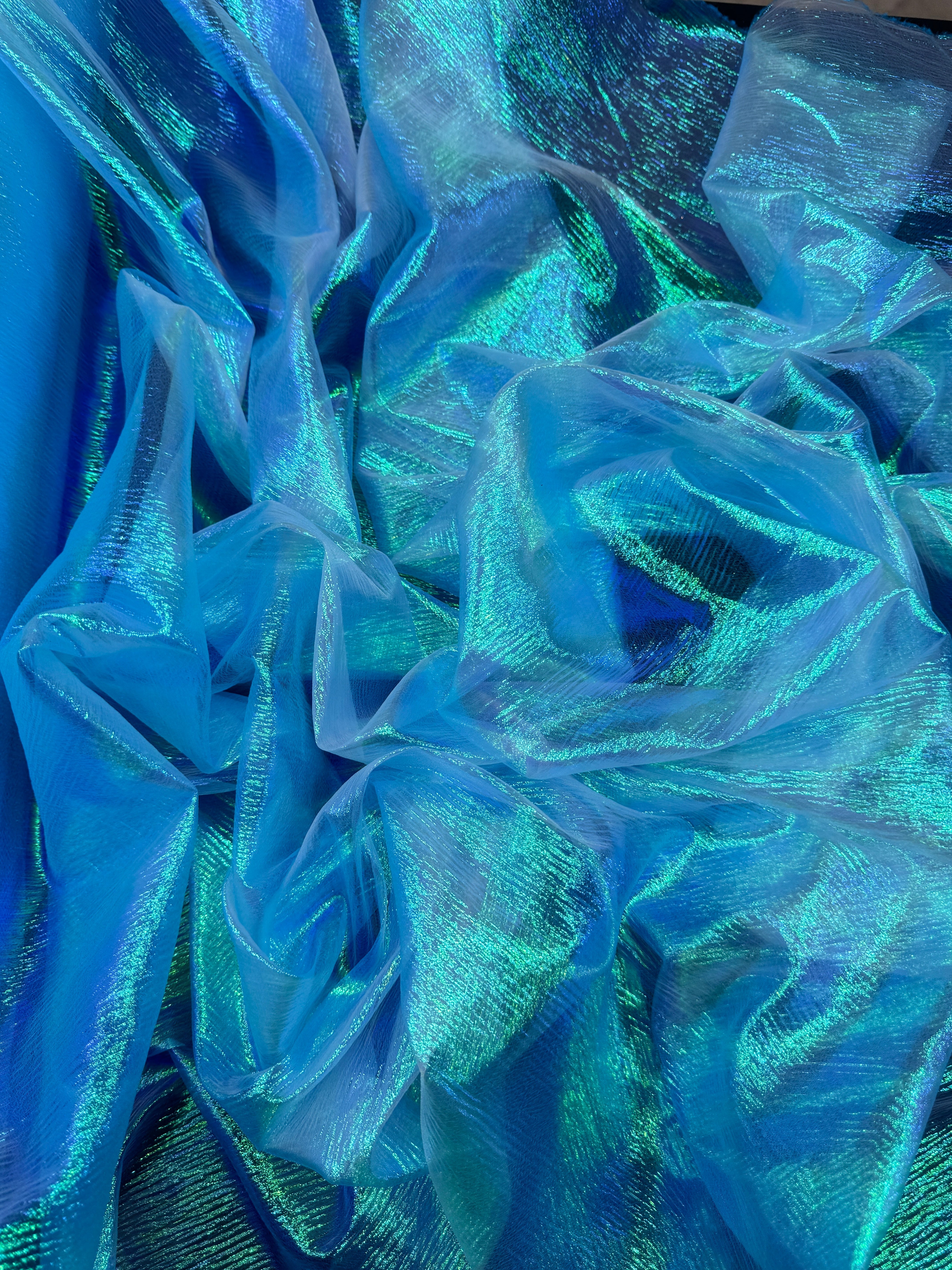 Turquoise Iridescent Crushed Organza, Turquoise chiffon, Crushed organza, Crushed chiffon, chiffon for woman, chiffon for bride, premium chiffon, chiffon in low price, chiffon for party wear, chiffon for gown