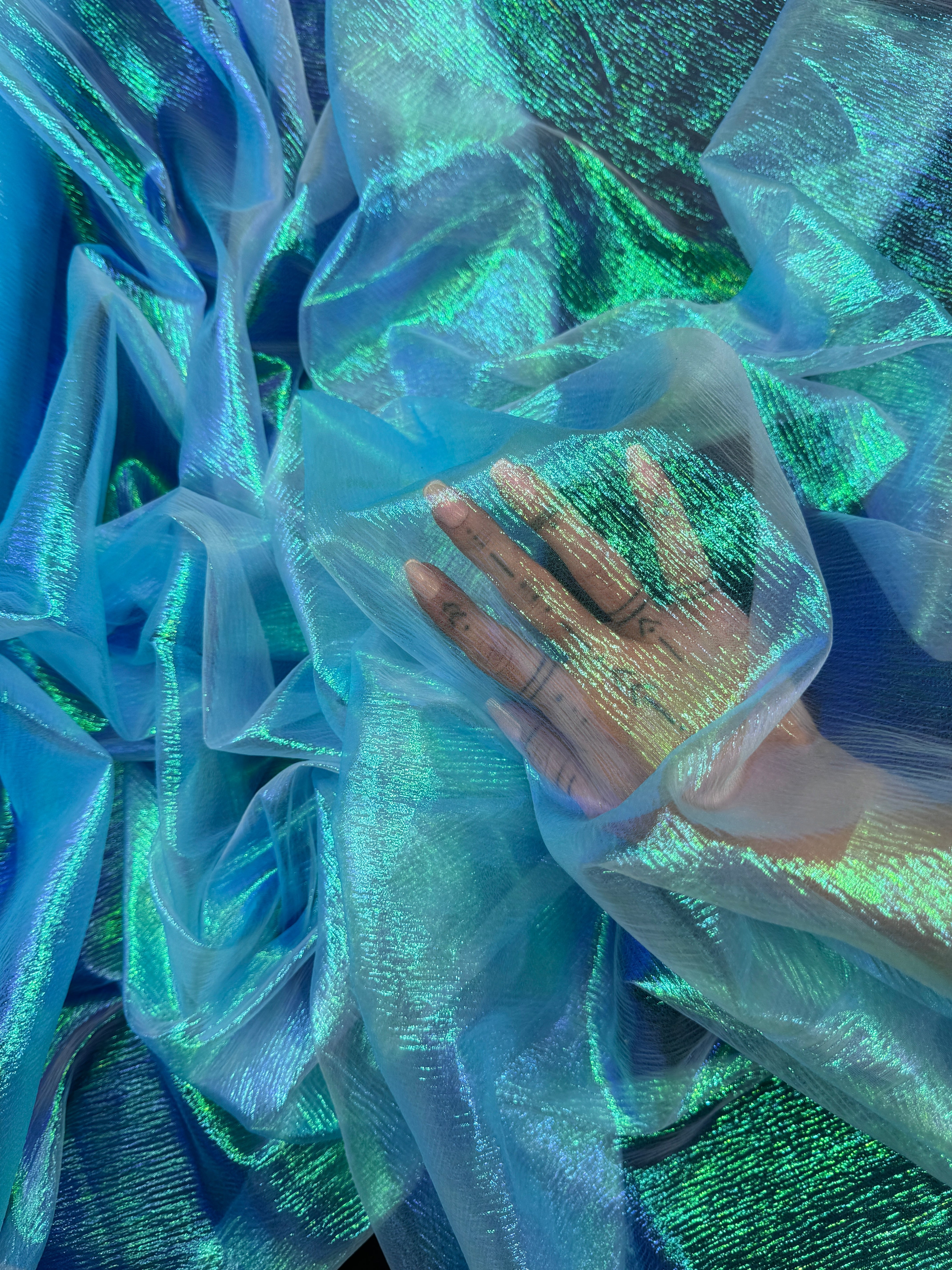 Turquoise Iridescent Crushed Organza, shop fabrics online, sewing, fabric store, sewing store, cheap fabric store, kiki textiles, textile by the yard