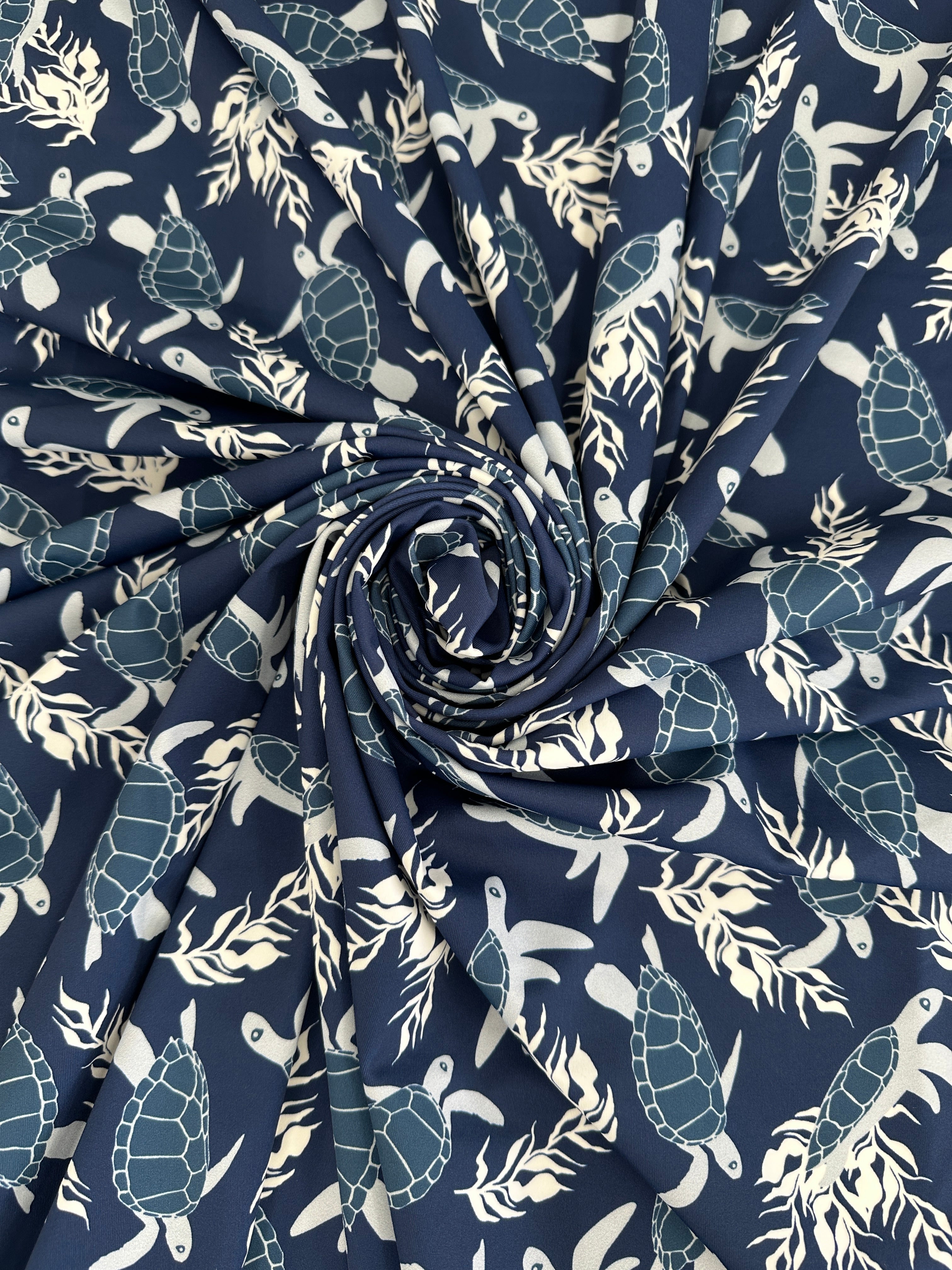 Navy Turtle Print Nylon Spandex, online textile store, sewing, fabric store, sewing store, cheap fabric store, kiki textiles