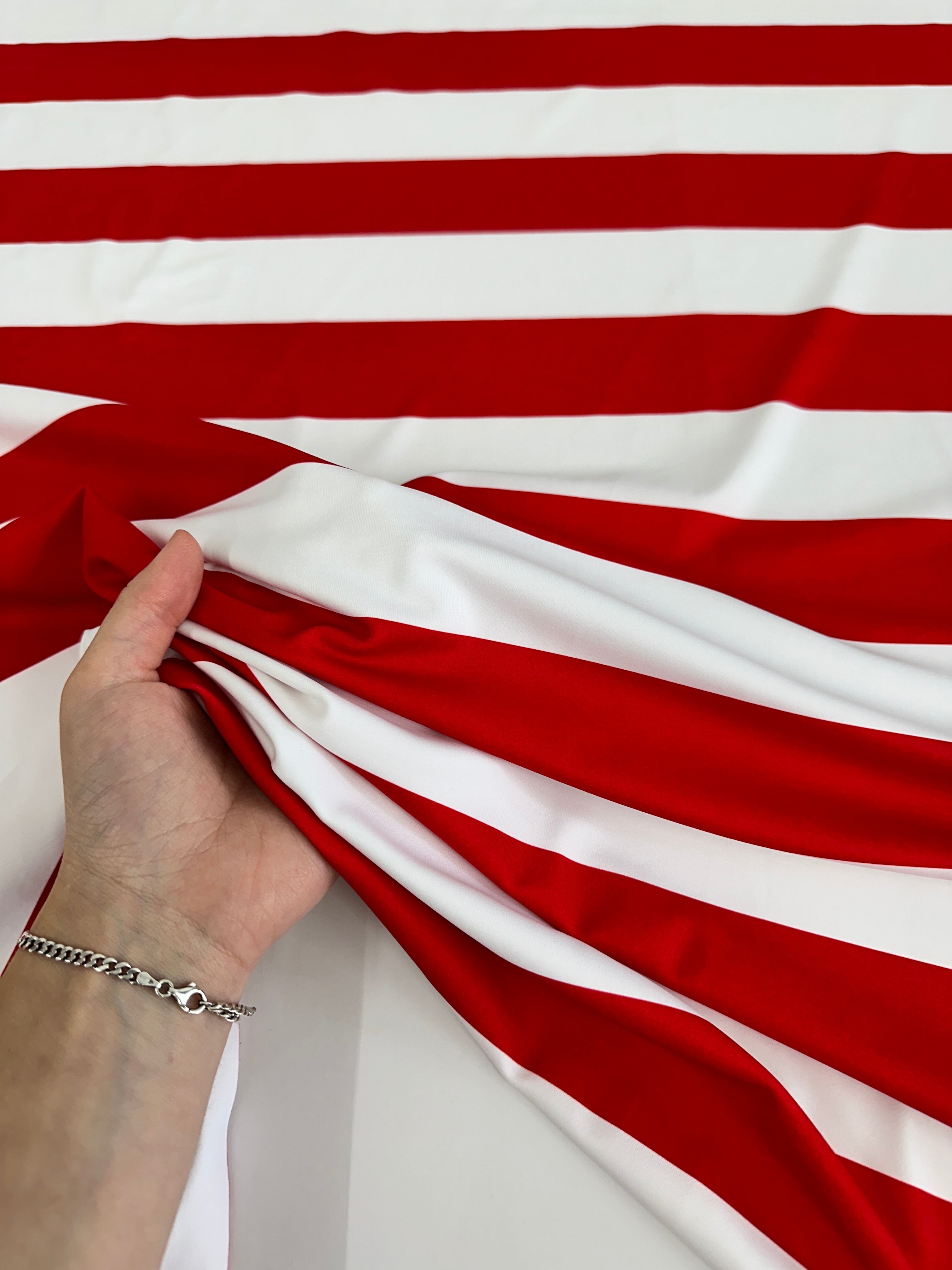 Red White Stripped Nylon Spandex, Red White Spandex, Nylon Spandex, Shiny Spandex,Stretch Fabric, 4 way stretch fabric, Fabric on Sale, Activewear Fabric, Polyester Fabric
