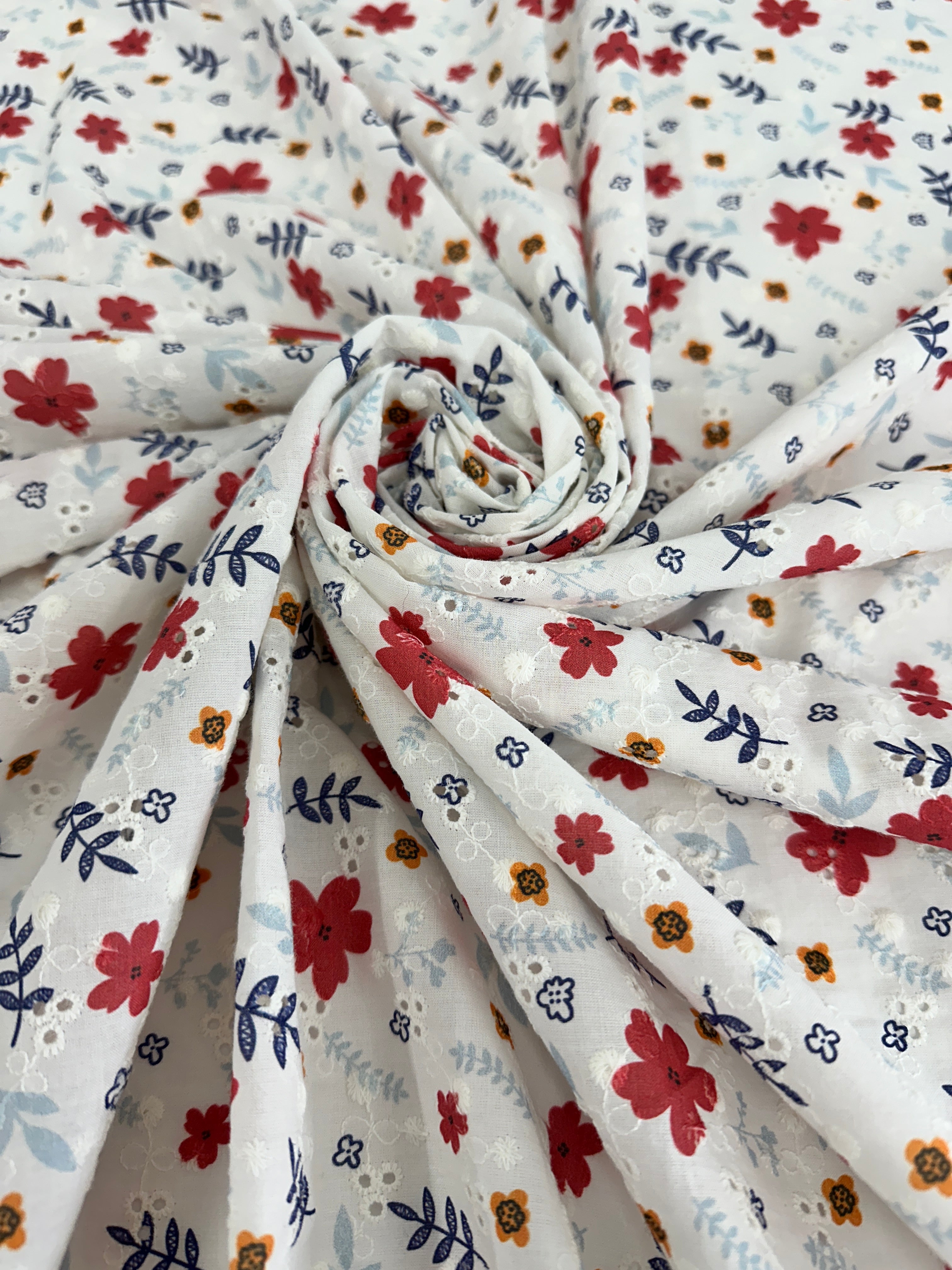 White-Red Flower Embroidered Cotton Eyelet, shop fabrics online, sewing, fabric store, sewing store, cheap fabric store, kiki textiles, textile by the yard