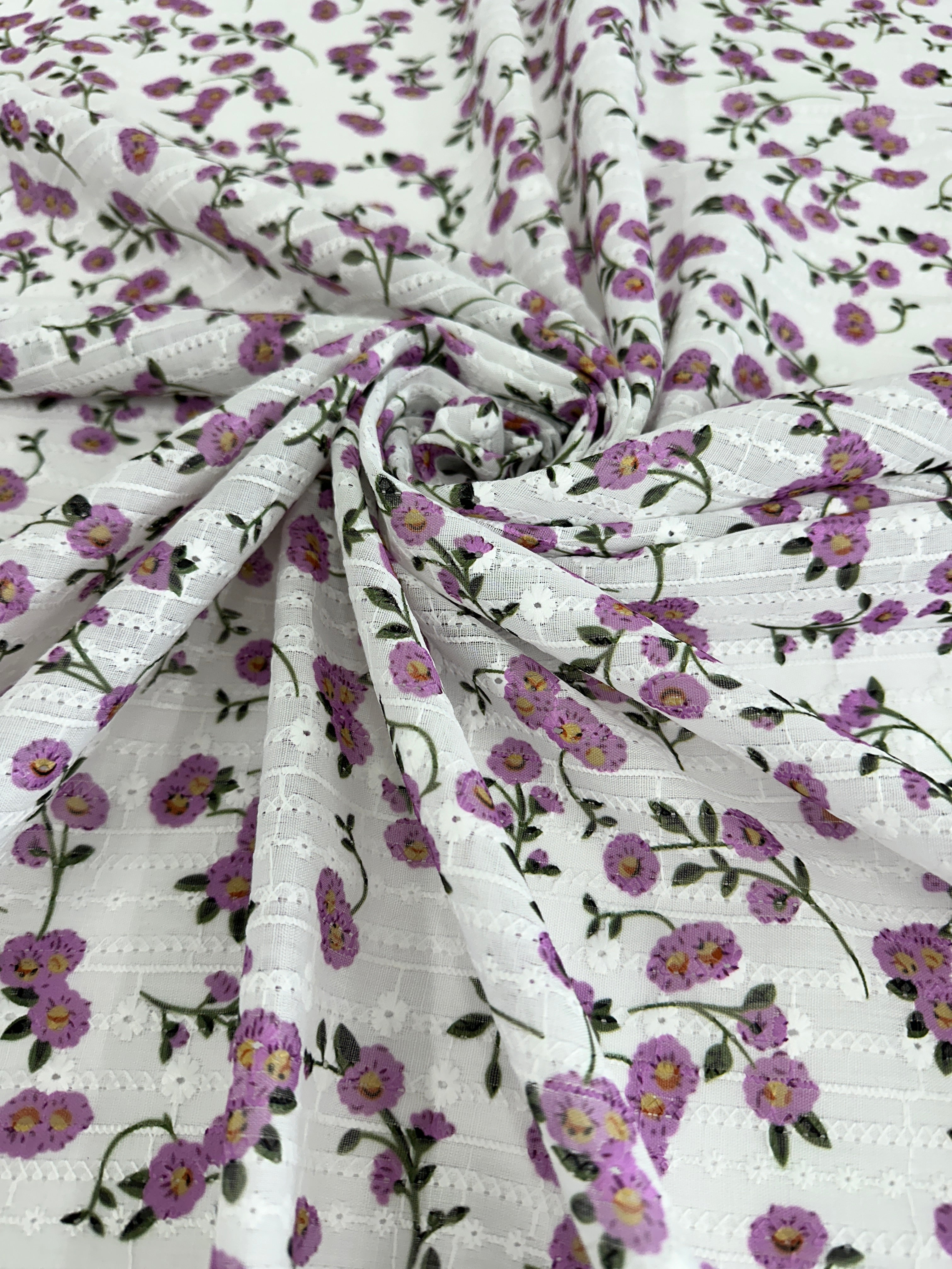 White-Lavender Flower Embroidered Cotton Eyelet, shop fabrics online, sewing, fabric store, sewing store, cheap fabric store, kiki textiles, textile by the yard