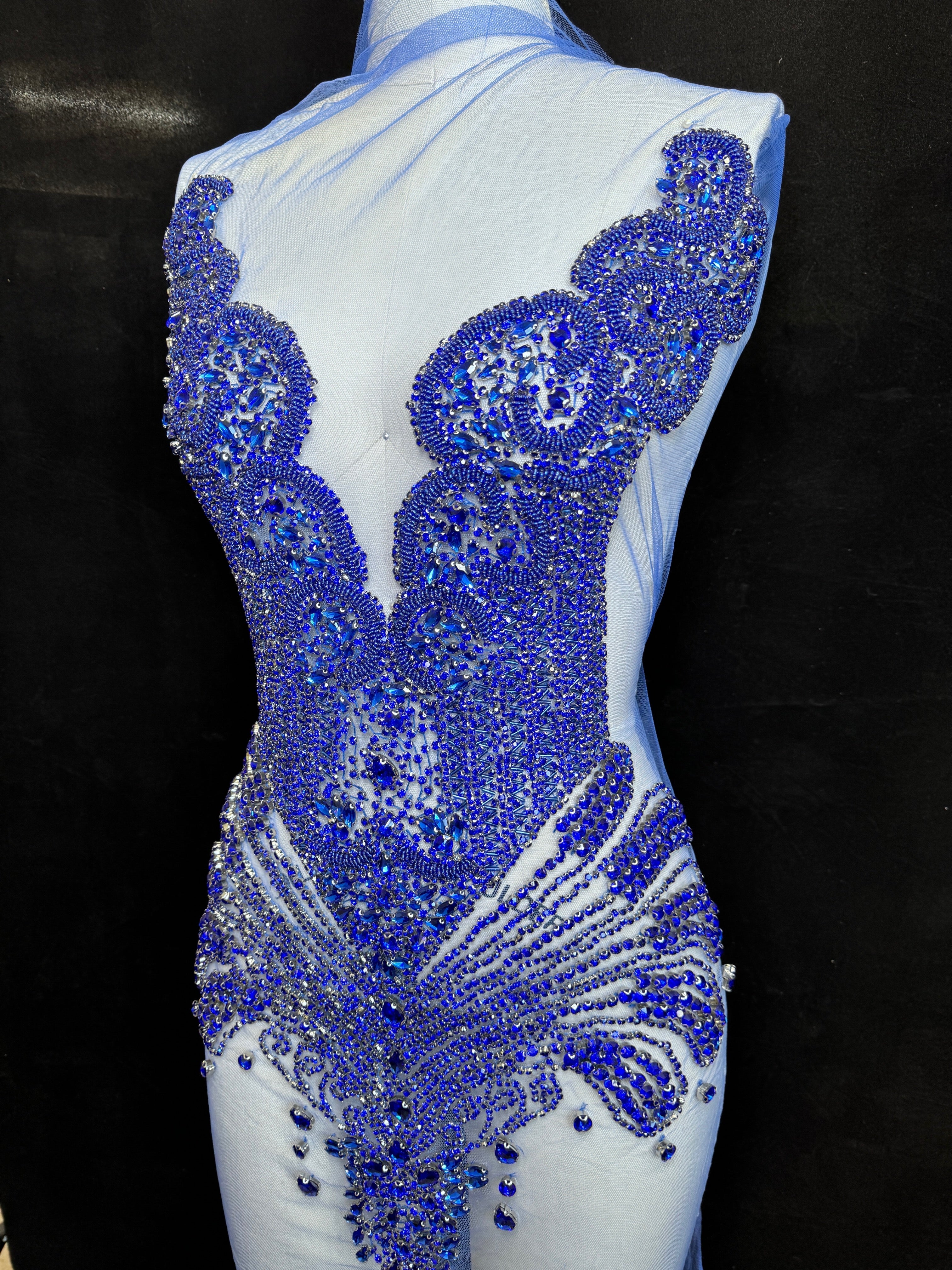Stephen Royal Blue Rhinestone Bodice Applique, blue rhinestone, dark blue rhinestone, light blue rhinestone,