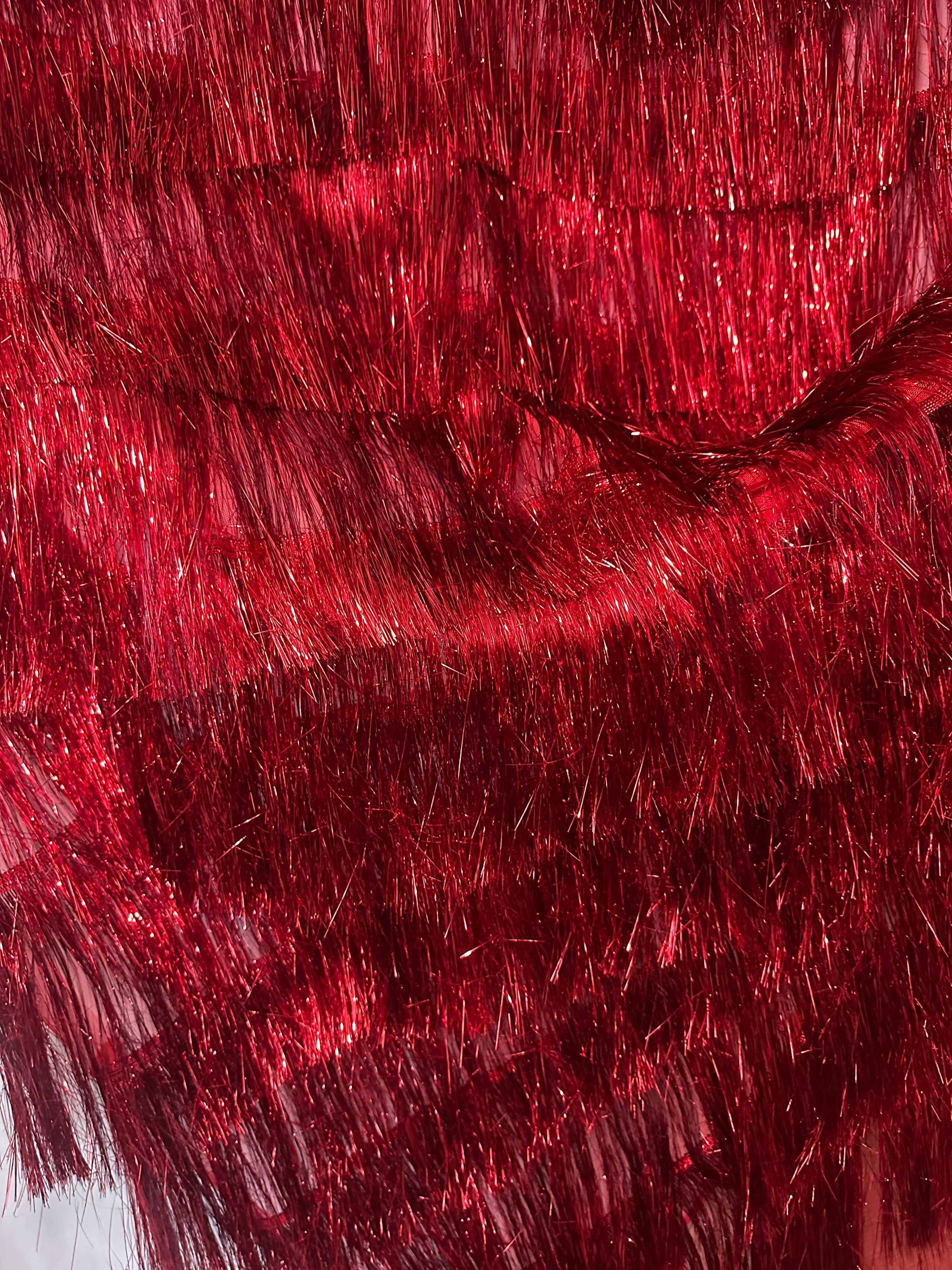 Red Fringe Metallic Mesh Base Fabric, Metallic Mesh Fabric, Mesh Base Fabric, Fashion Textile, Party Dress Material, Craft Fabric