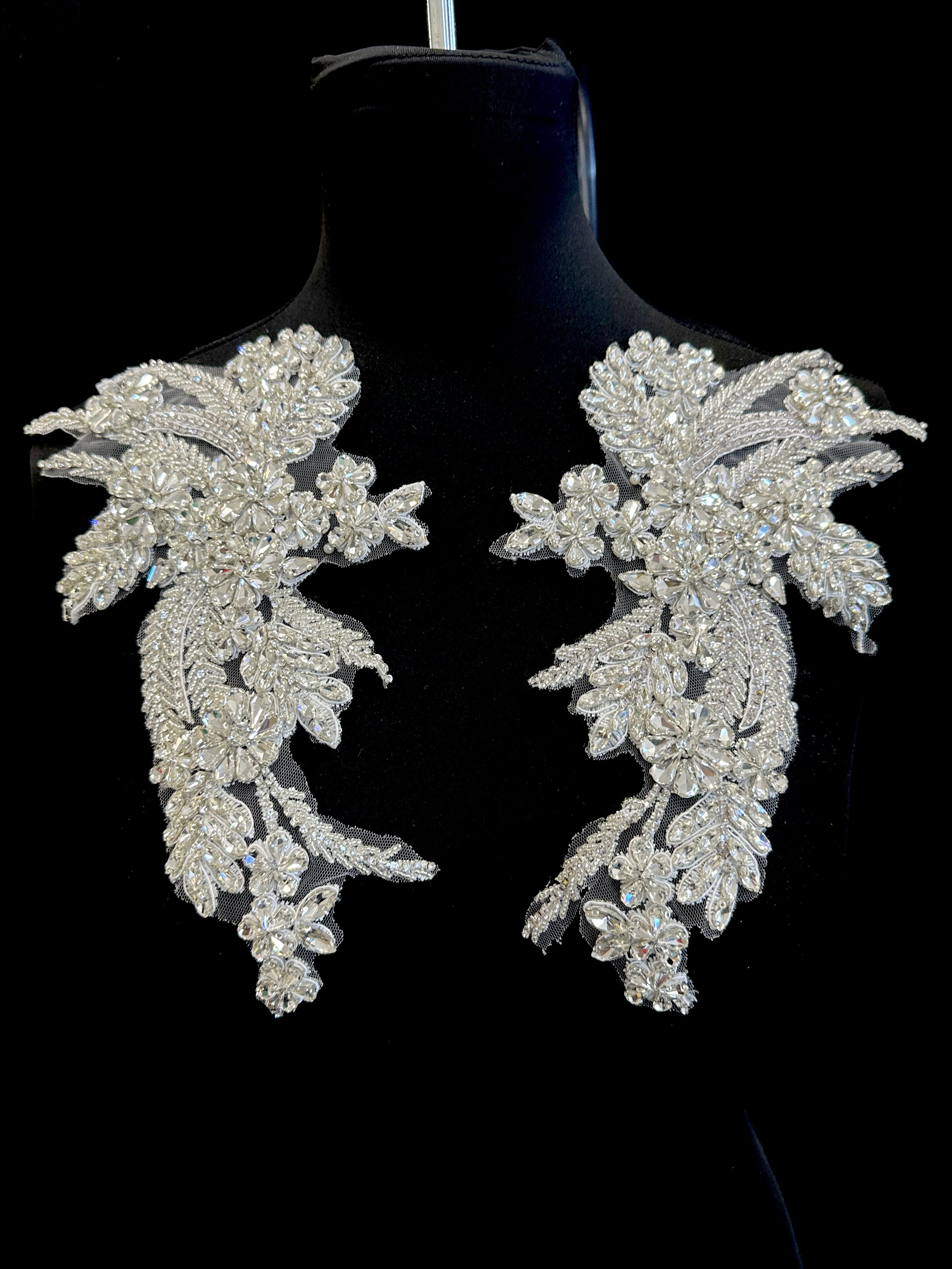 Gina Silver Rhinestone Applique , silver applique, dark silver applique, silver bodice, silver embellishment for dress,