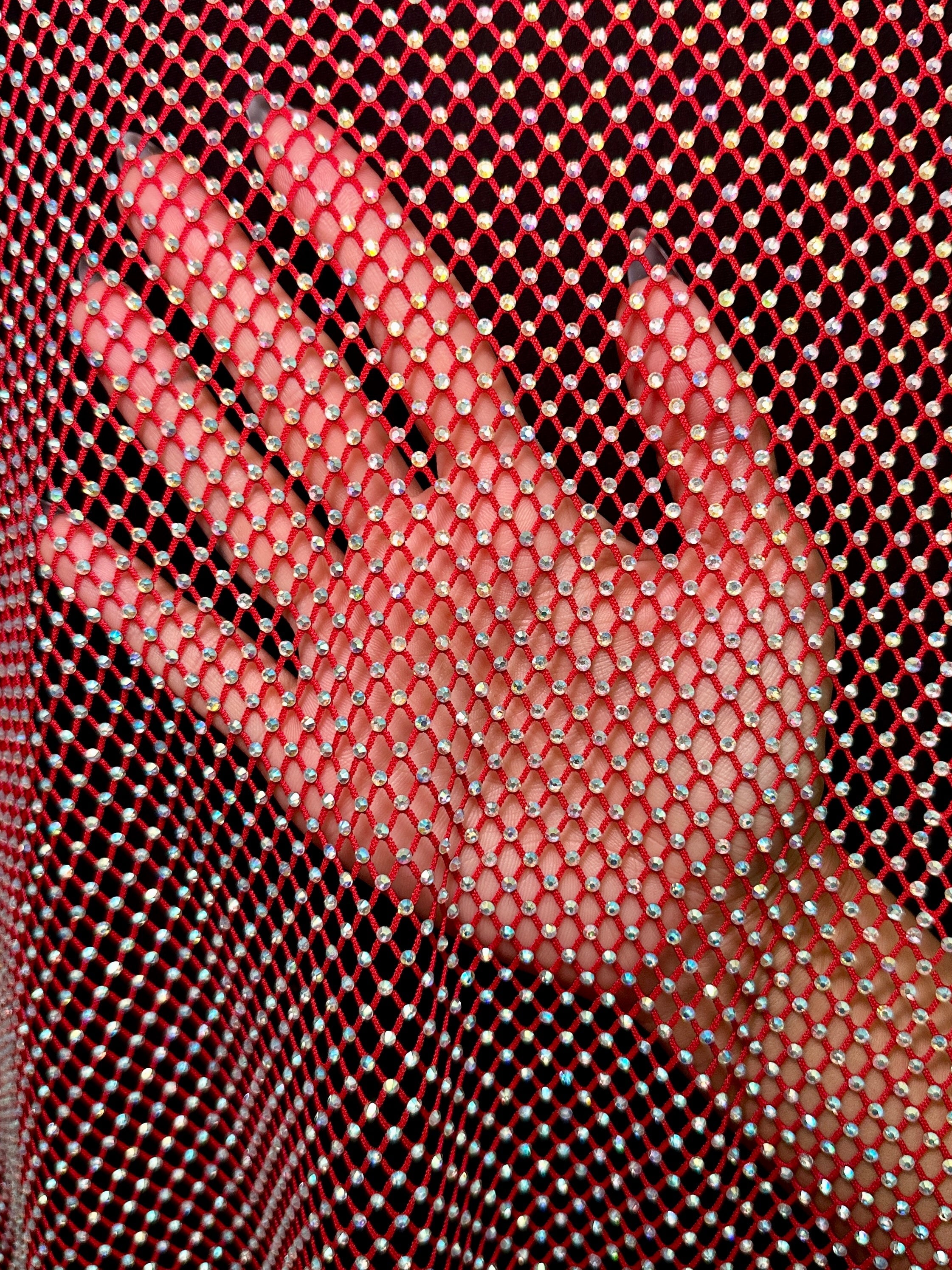 Red Rhinestone Diamond Fishnet Mesh, Rhinestone Fishnet Mesh, Mesh on Sale, Rhinestone on Mesh, Womens Rhinestone Mesh, Fancy Fishnet Mesh