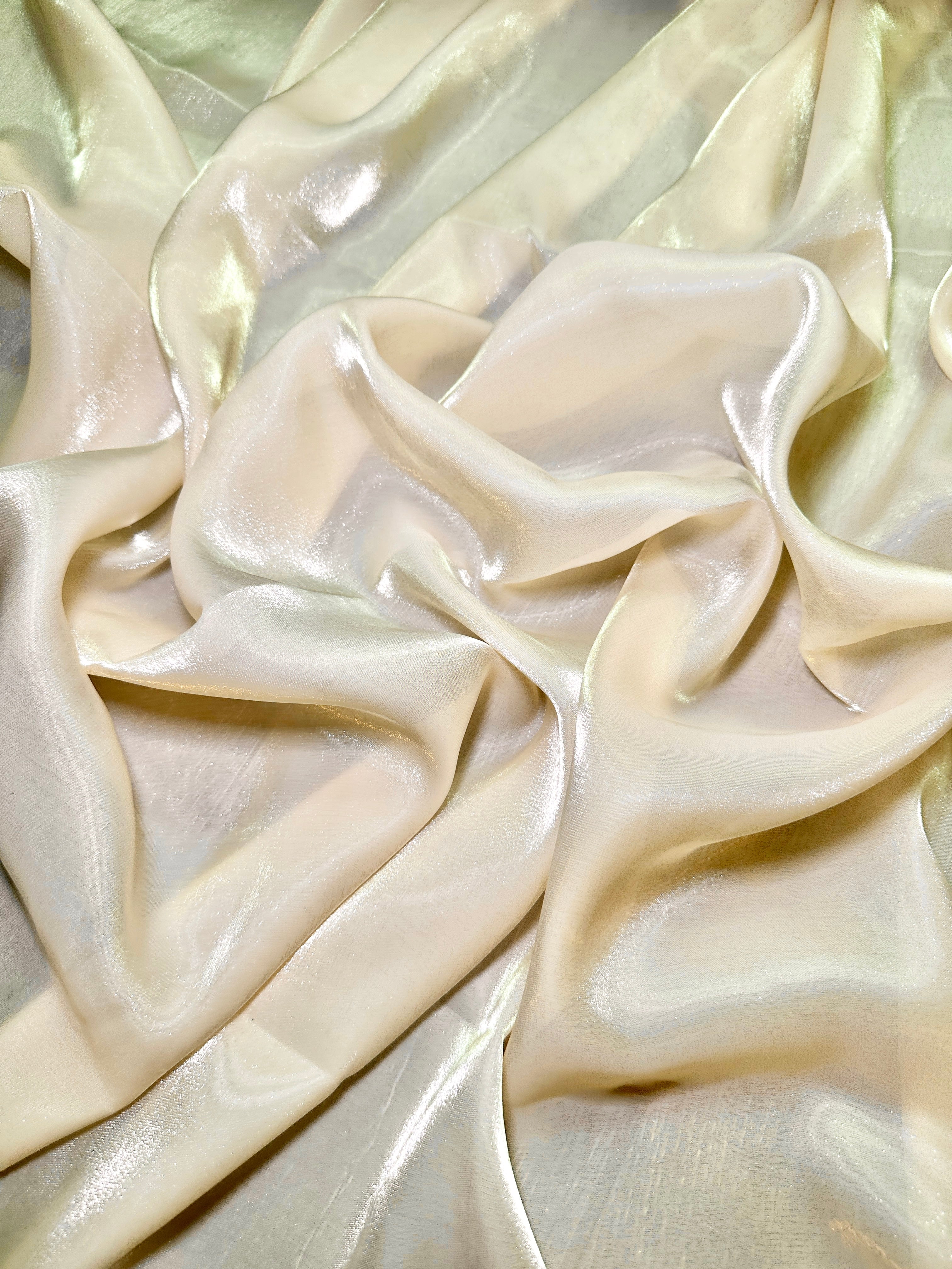 Cream Water Liquid Shimmery Chiffon, Premium Glittery Chiffon, Wet Chiffon, Shimmery Chiffon, Fancy fabric, Luxurious liquid fabric, Chiffon for women