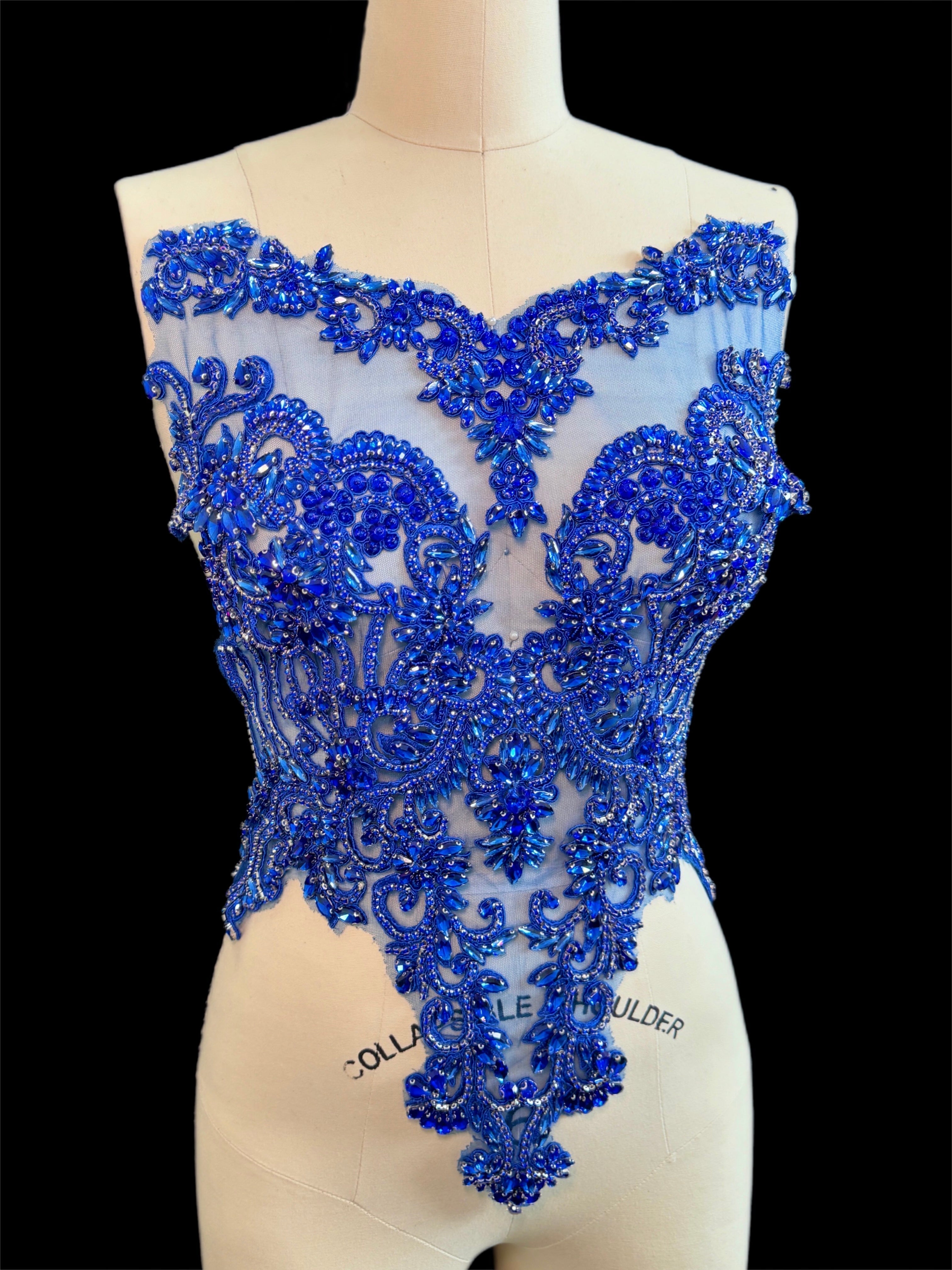 Alex Royal Blue Rhinestone Bodice Applique, dark blue rhinestone, blue rhinestone, light blue rhinestone