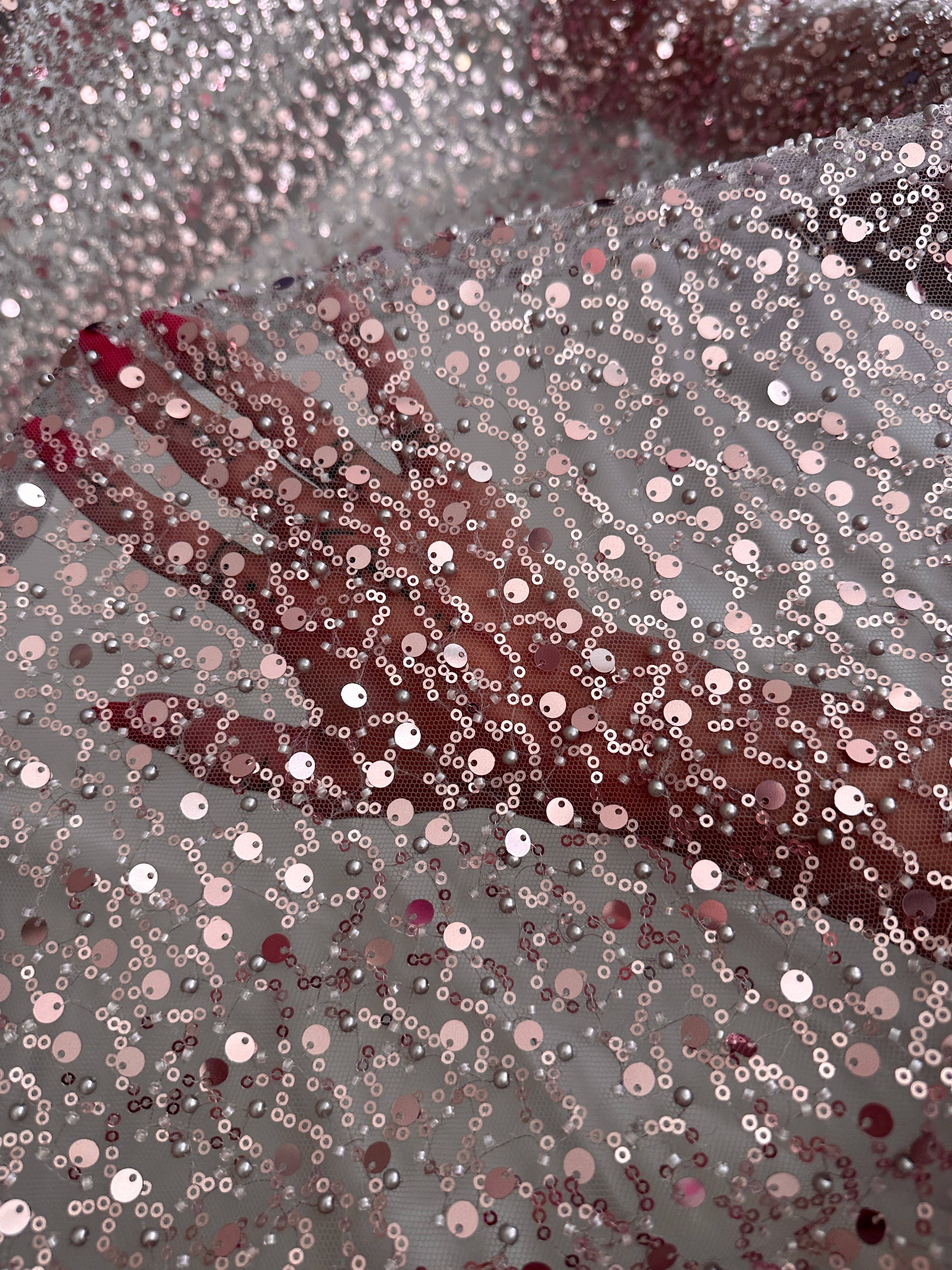 Dusty Pink Sequin Pearl Beaded Mesh, Sequin on mesh, Pearl Beaded Mesh, beaded sequin on mesh, pearl beaded fabric, shimmering sequins