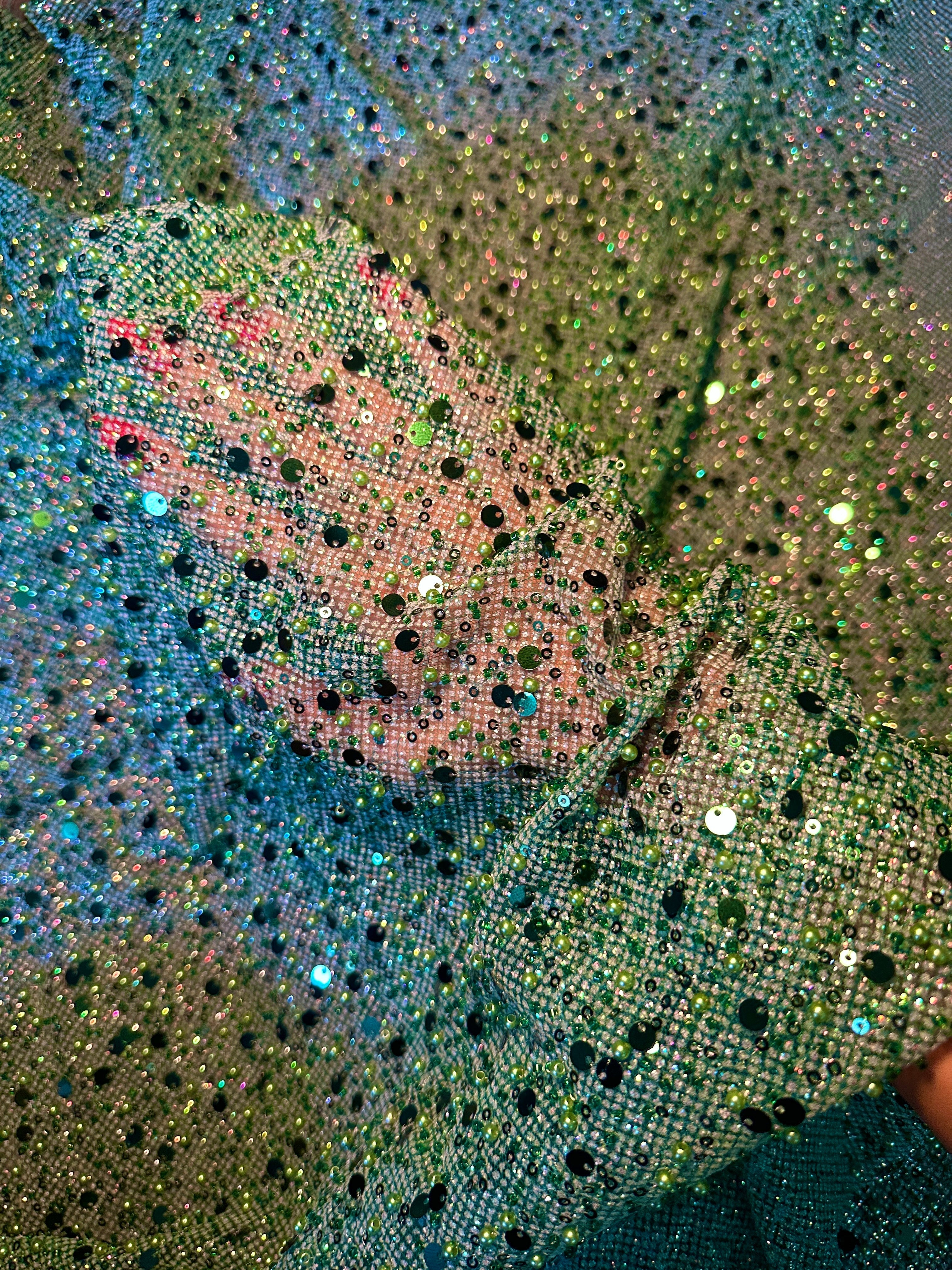 Emerald Green Sequin Beaded Pearl Mesh, Sequin on mesh, Pearl Beaded Mesh, beaded sequin on mesh, pearl beaded fabric, shimmering sequins