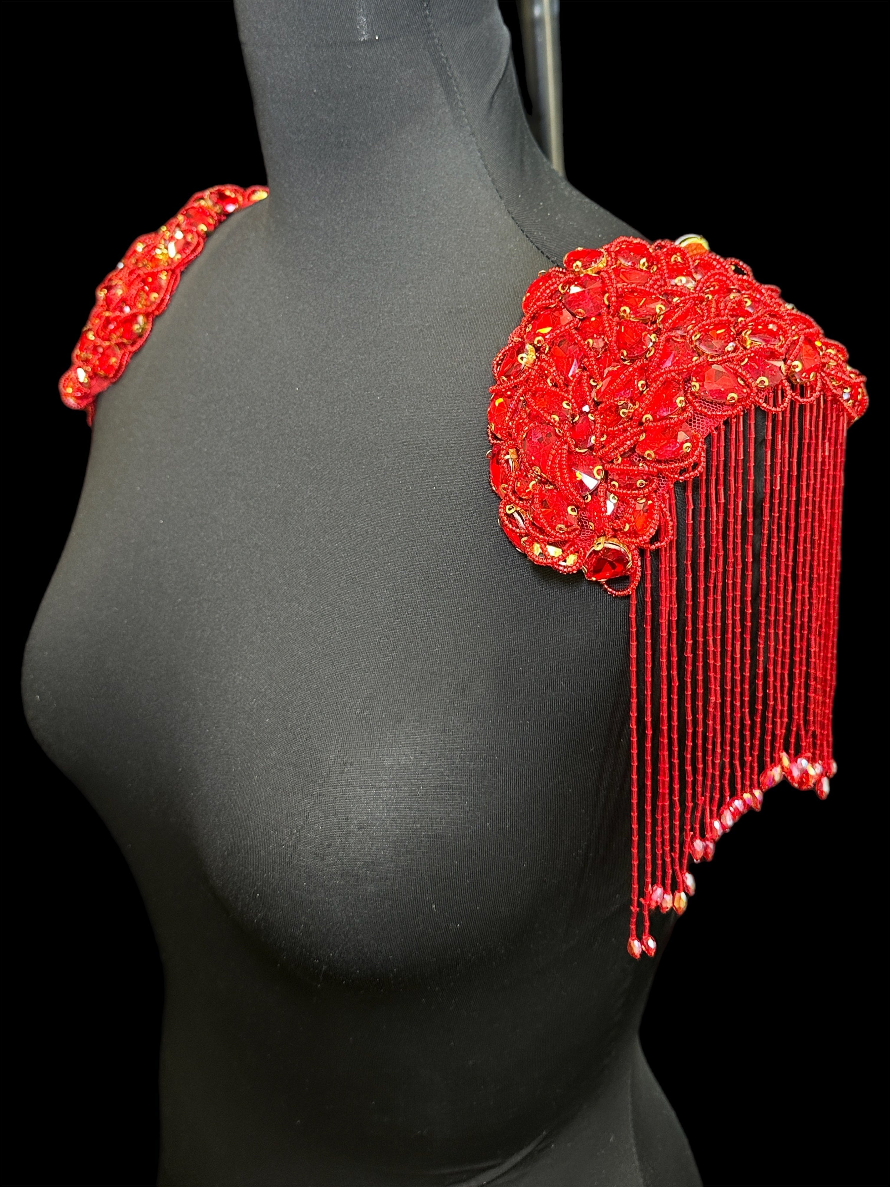Cali Red Shoulders Rhinestone Applique , red applique, dark red applique, red bodice, red embellishment for dress,