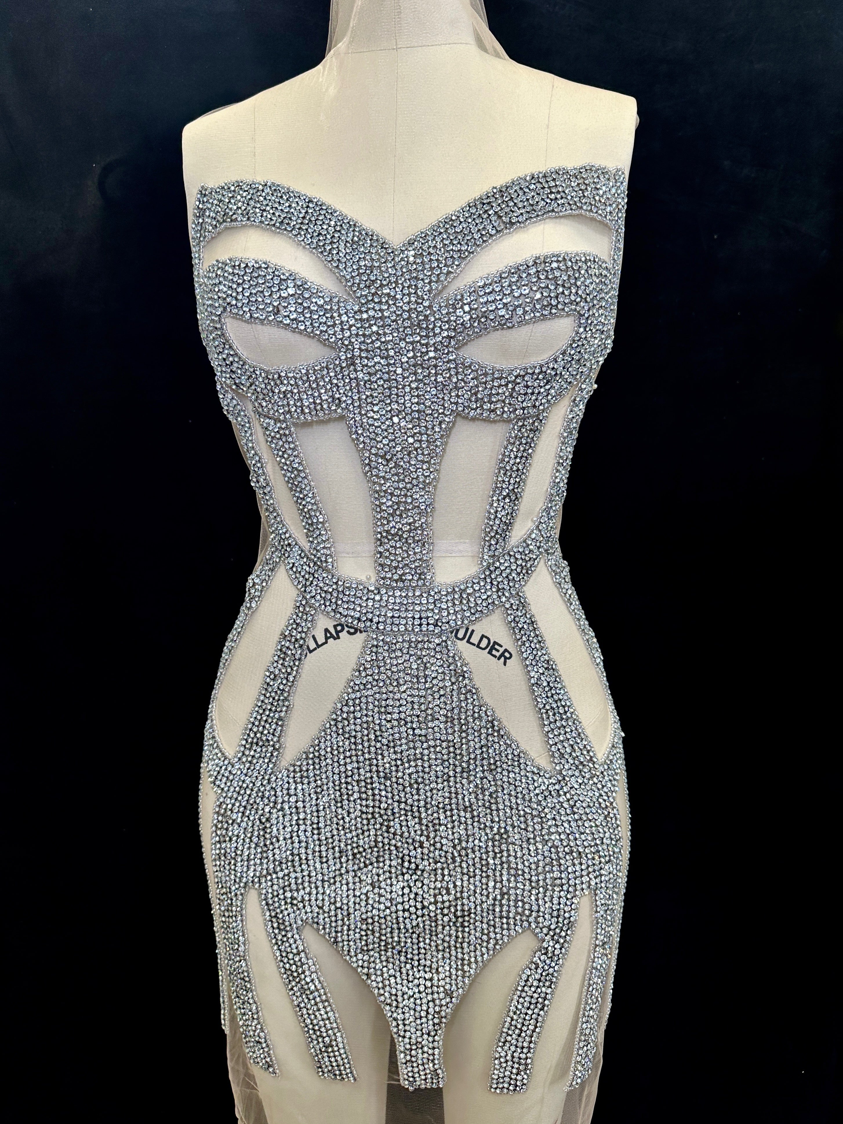 Adriana Rhinestone Bodice Applique, sparkle crystal bodice, silver rhinestone applique, rhinestone bodice for woman, rhinestone bodice ,rhinestone beads, rhinestone applique, rhinestone applications, rhinestone, luxurious dress, flawless dress fabric, embellishment for dress, diy dress, decoration for dress, crystal applique for dresses, crafts for dress, bridal dress rhinestone, beaded mesh sequin bodice, beaded mesh fabric for dress, beaded bodice for dress, applique for gown, applique for dress