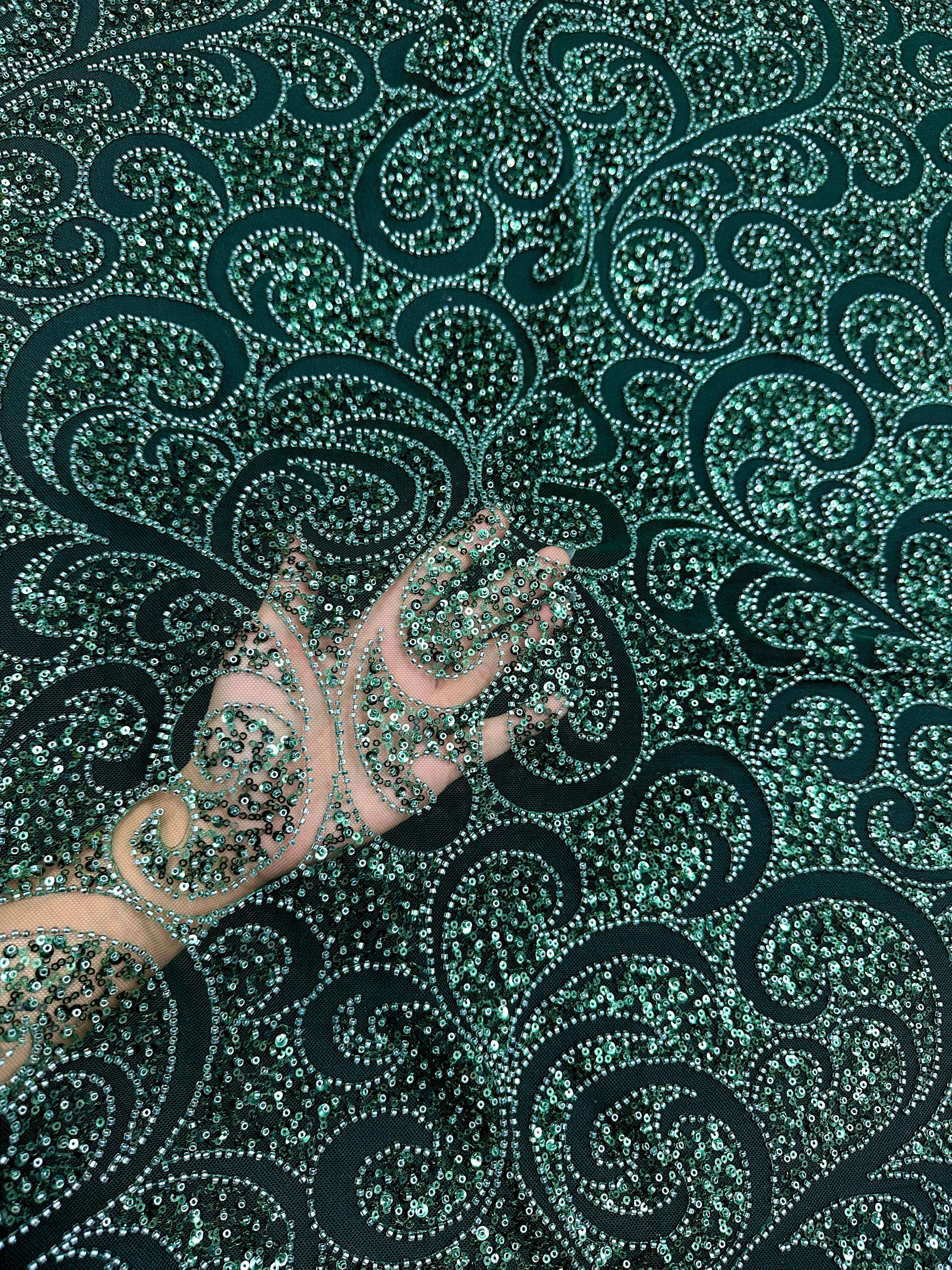 Emerald Green Sequin Beaded Scroll Lace on Mesh, Brocade for woman, shiny fabric for bride, Metallic Brocade, Brocade in low price, Shimmery fabric for party wear, Brocade for gown