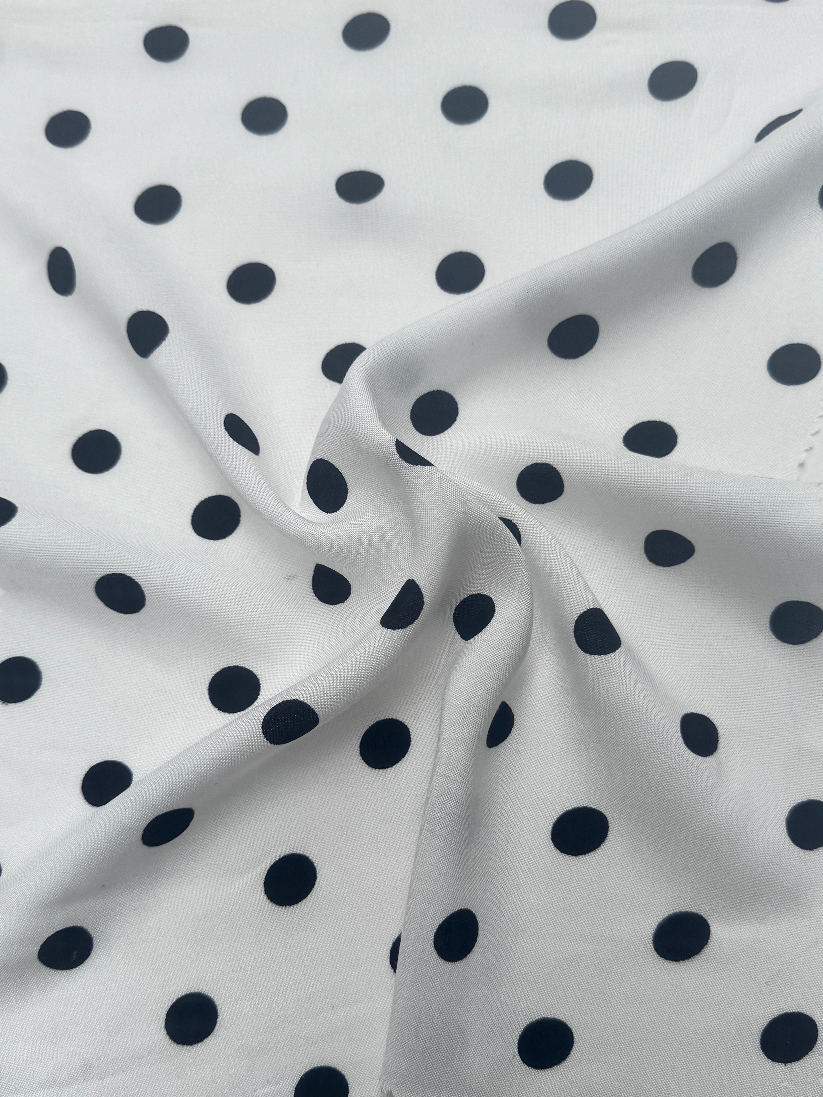 Black Polka dots on White Rayon Challis, Black Rayon Challis, Black and white Rayon Challis, eco-friendly fabric, pure Rayon Challis fabric, Rayon Challis, Rayon Challis fabric, kiki textiles, sewing