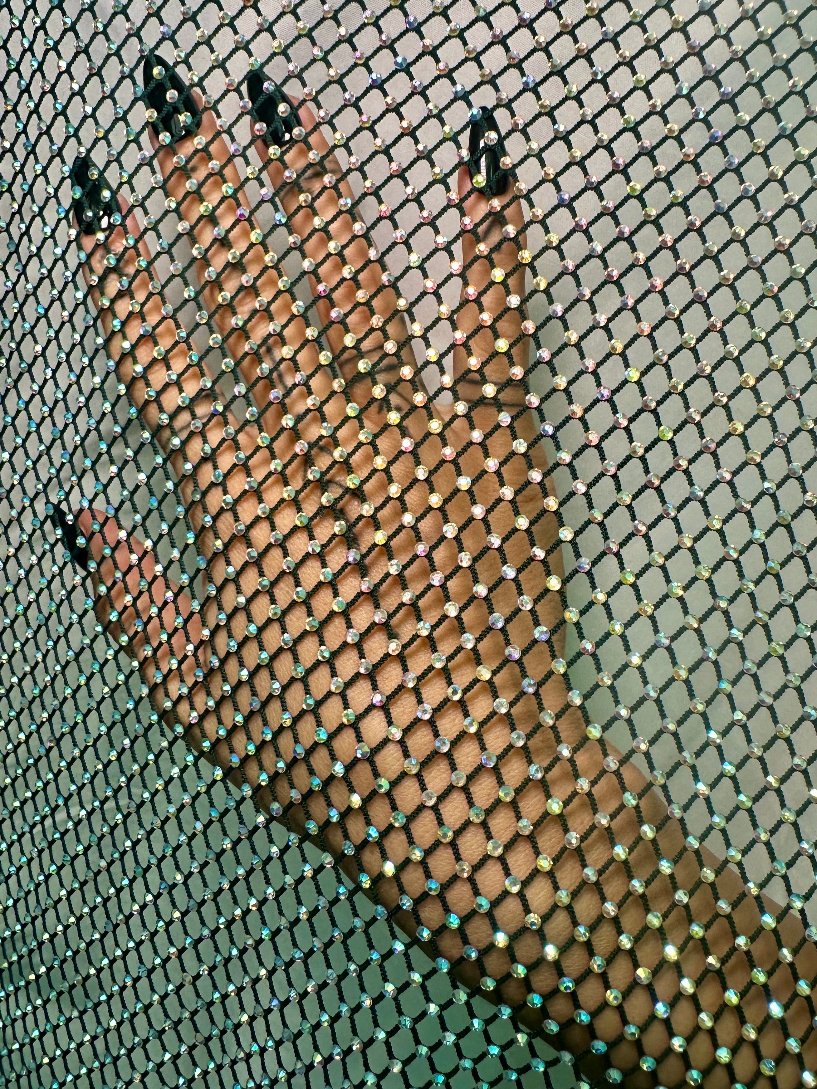 Hunter Green Rhinestone Diamond Fishnet Mesh, Rhinestone Fishnet Mesh, Mesh on Sale, Rhinestone on Mesh, Womens Rhinestone Mesh, Fancy Fishnet Mesh