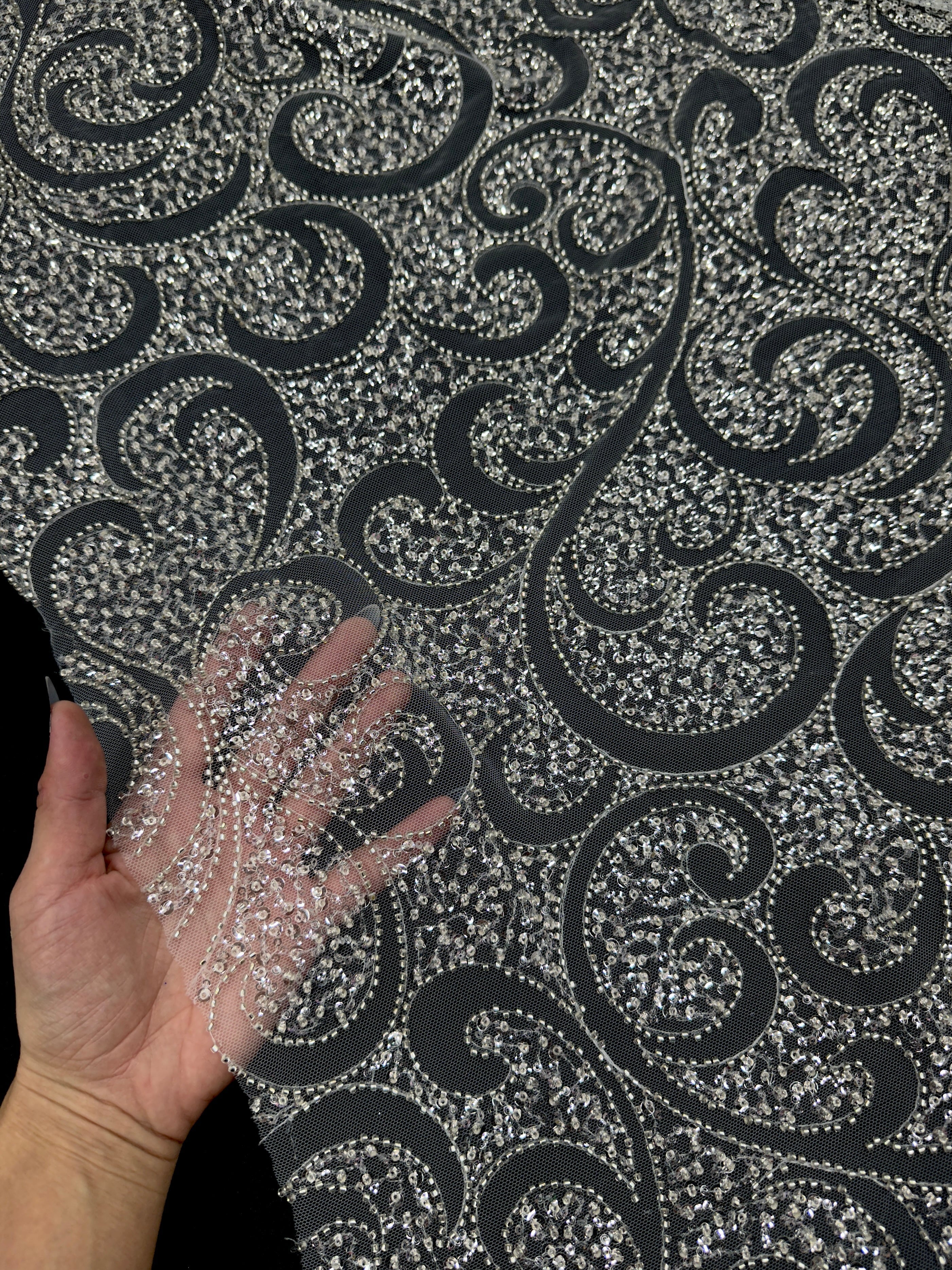 Silver Sequin Beaded Scroll Lace on Mesh, Brocade for woman, shiny fabric for bride, Metallic Brocade, Brocade in low price, Shimmery fabric for party wear, Brocade for gown