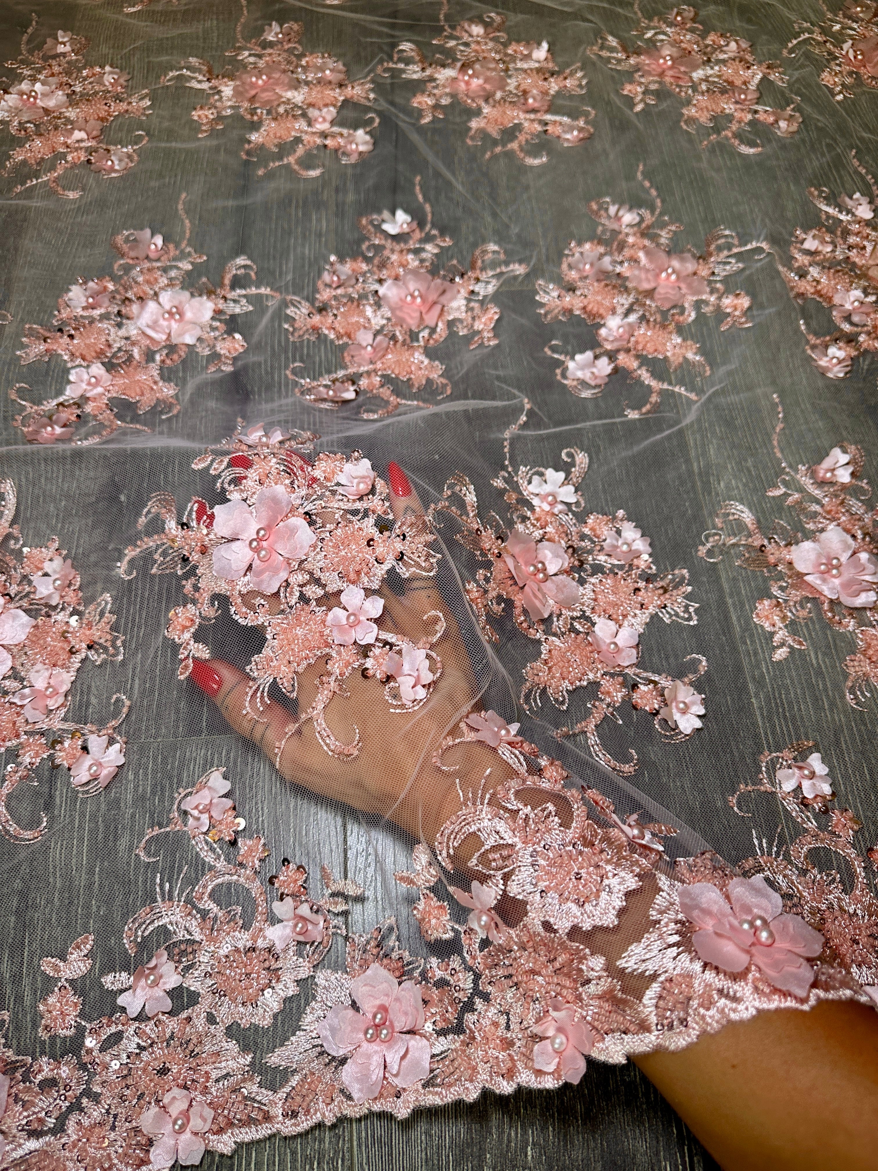 Peach 3D Floral Embroidered Beaded Tulle Lace, Embroidered Lace, Beaded Tulle Lace, Tulle for Wedding Dress, Pearl Material, Tulle Fabric, Tulle Lace Dress Woman