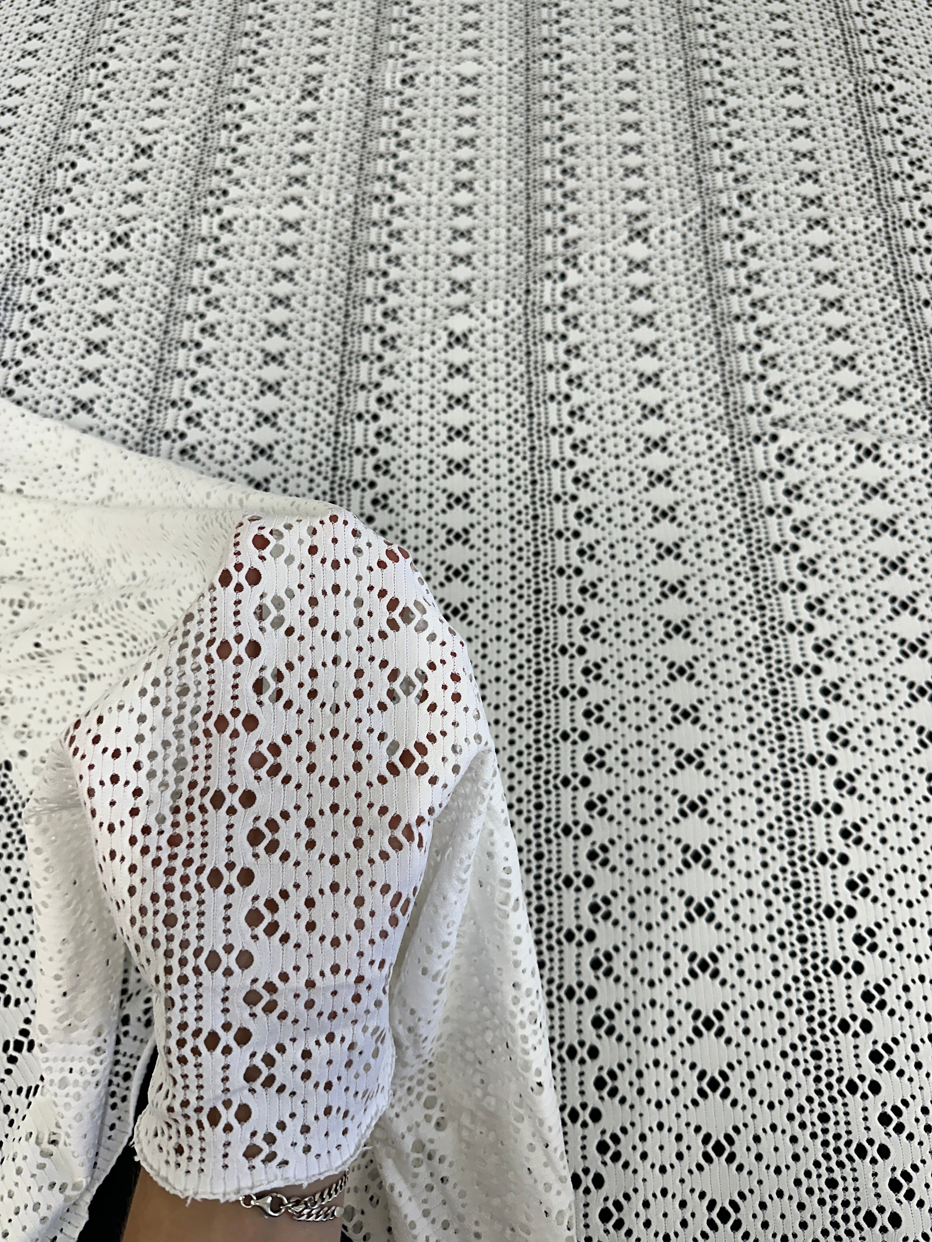 White Crochet Geometric Hollow Out Knit, White knit, White printed knit, printed knit for woman, premium knit, knit in low price, knit on sale, knit on discount, knit for dresses