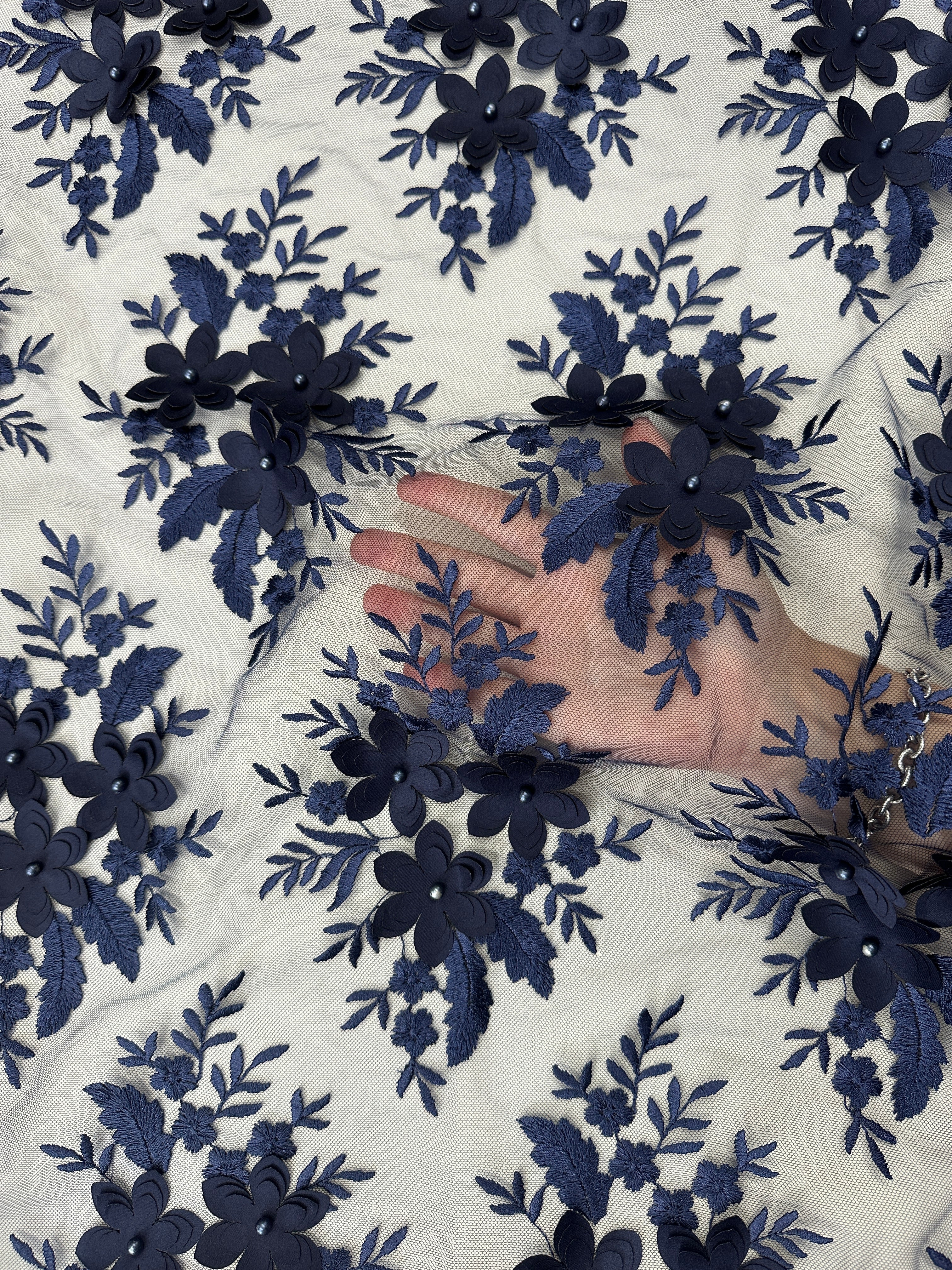 Navy 3D Flower Scalloped Mesh Lace, Navy Mesh, Nude lace mesh, lace mesh for woman, lace mesh for bride, lace mesh on sale, lace mesh on discount