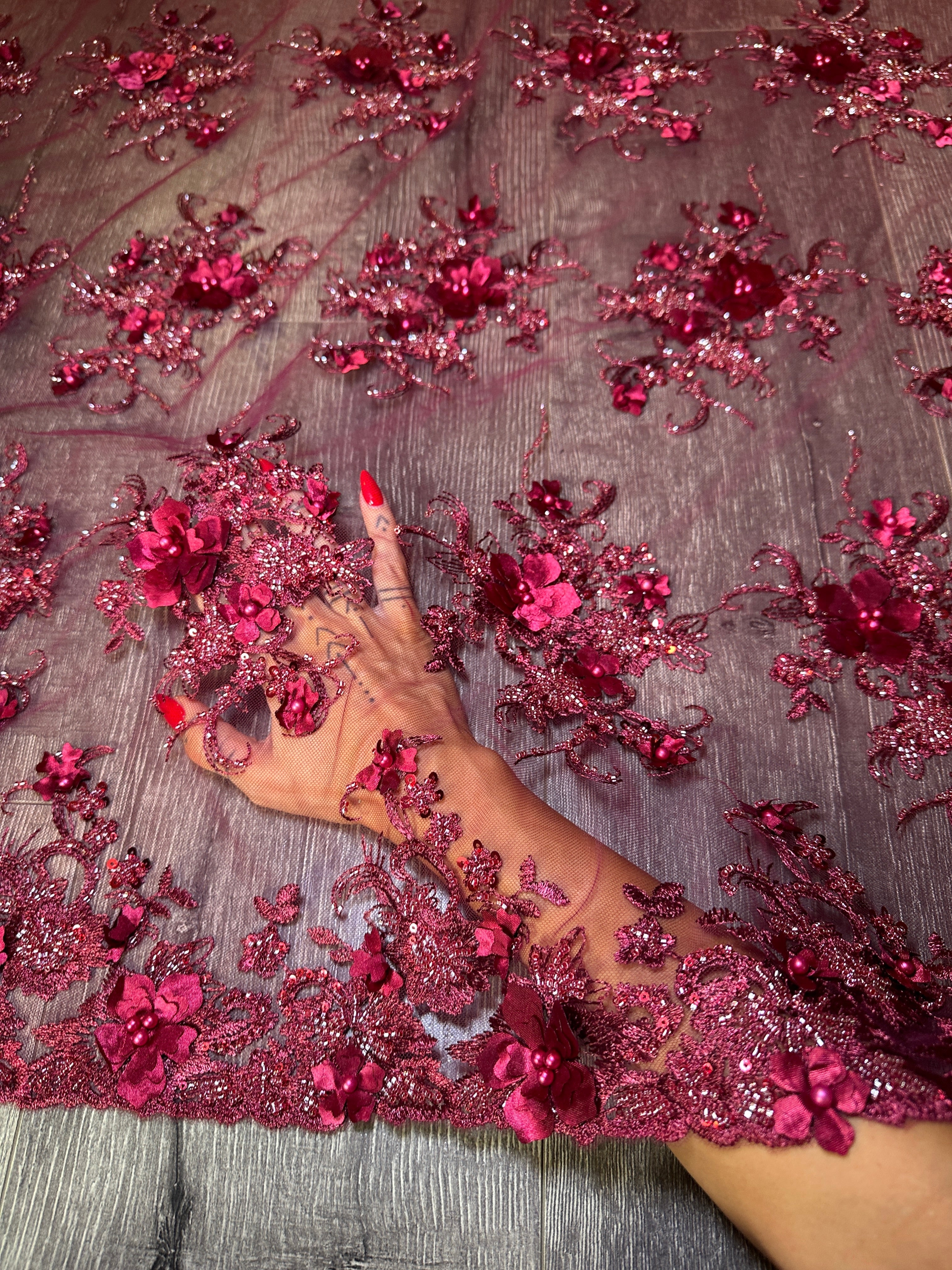 Burgundy 3D Floral Embroidered Beaded Tulle Lace, Embroidered Lace, Beaded Tulle Lace, Tulle for Wedding Dress, Pearl Material, Tulle Fabric, Tulle Lace Dress Woman