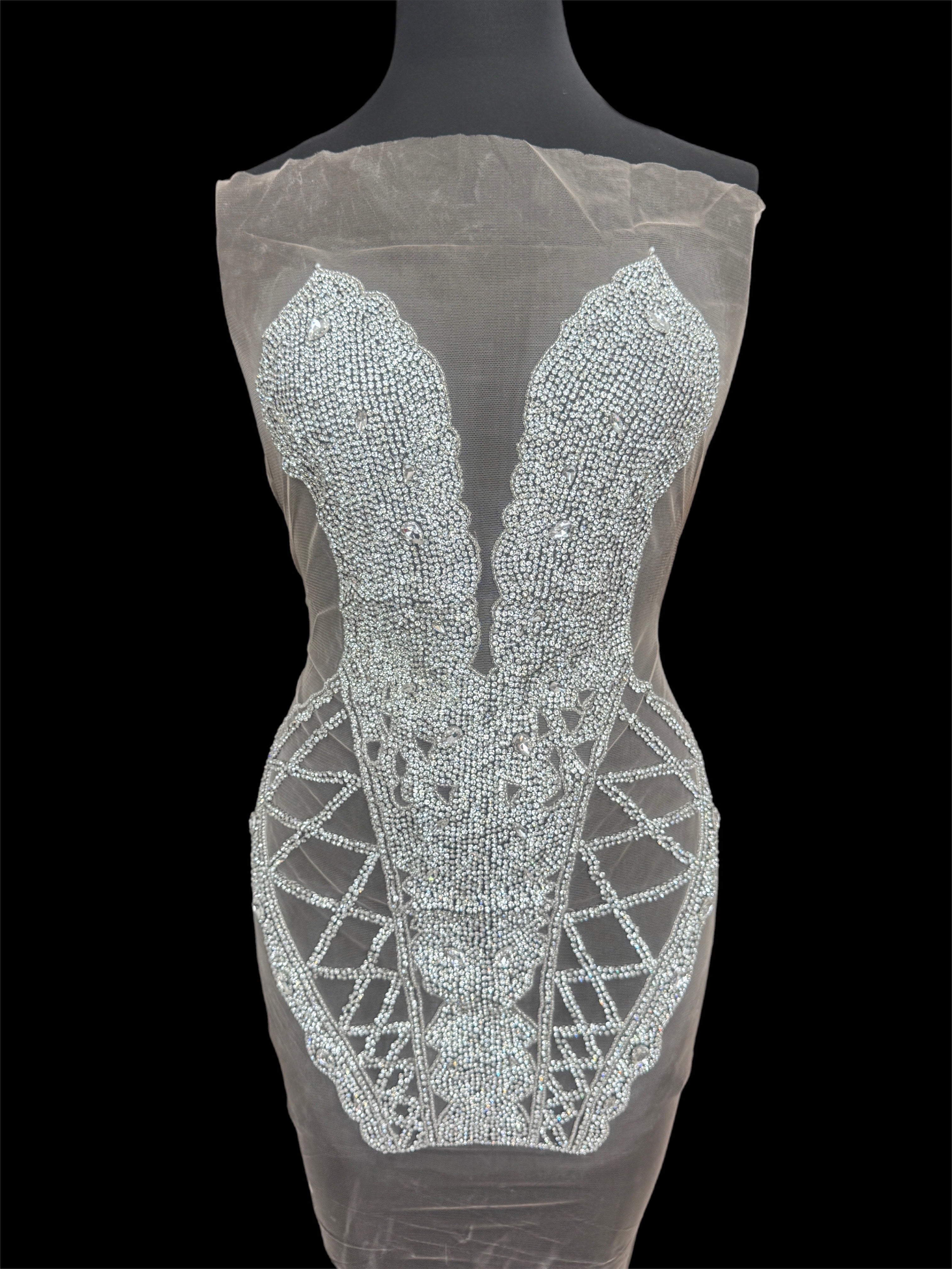 Shannon Silver Rhinestone Bodice Appliqué, Silver Rhinestones Applique, Embellished clothing, Rhinestone applications, Rhinestone embroidery, Rhinestone patch, Dress patch, Rhinestones for dress