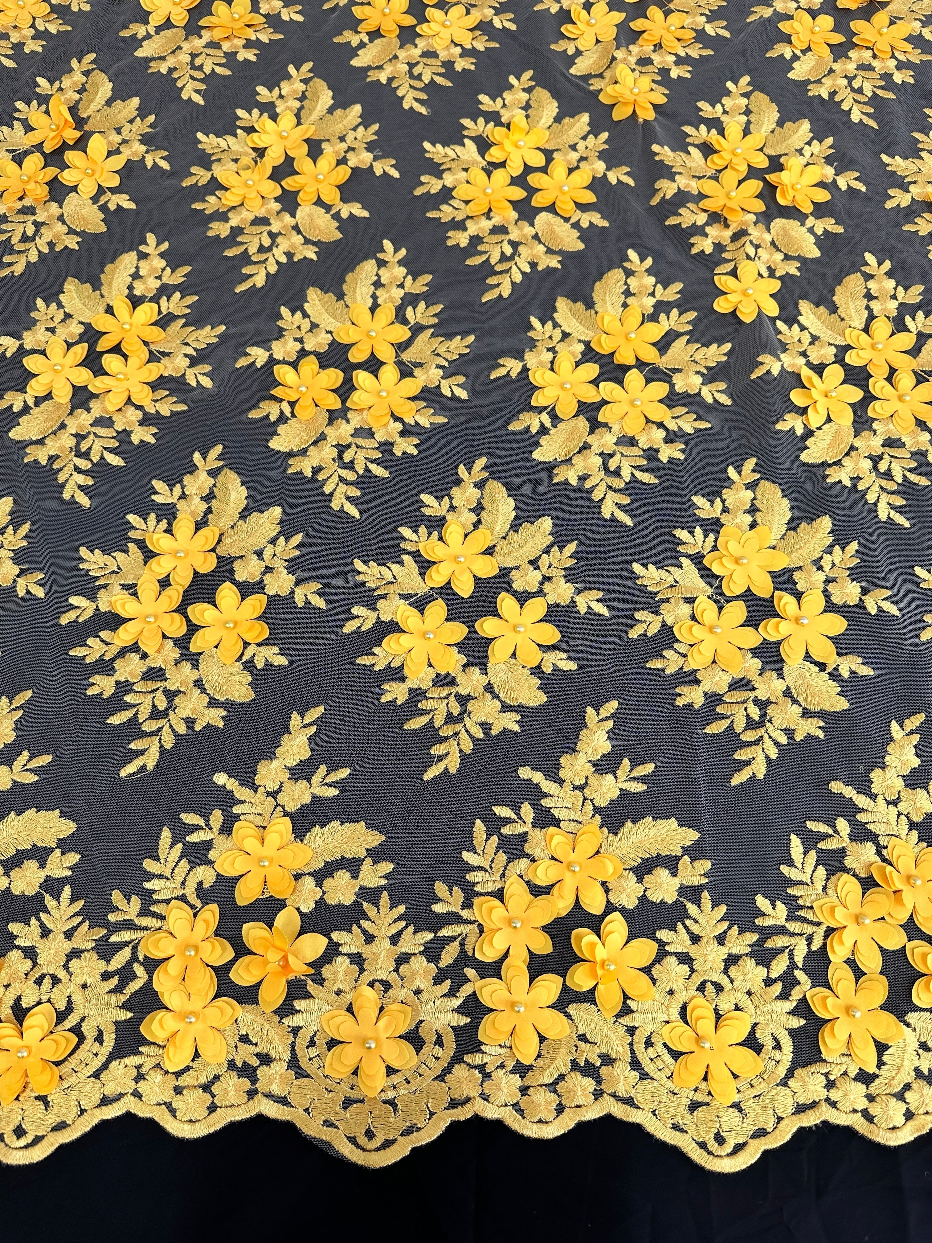 Yellow 3D Floral Scalloped Mesh Lace, Yellow Mesh, Nude lace mesh, lace mesh for woman, lace mesh for bride, lace mesh on sale, lace mesh on discount