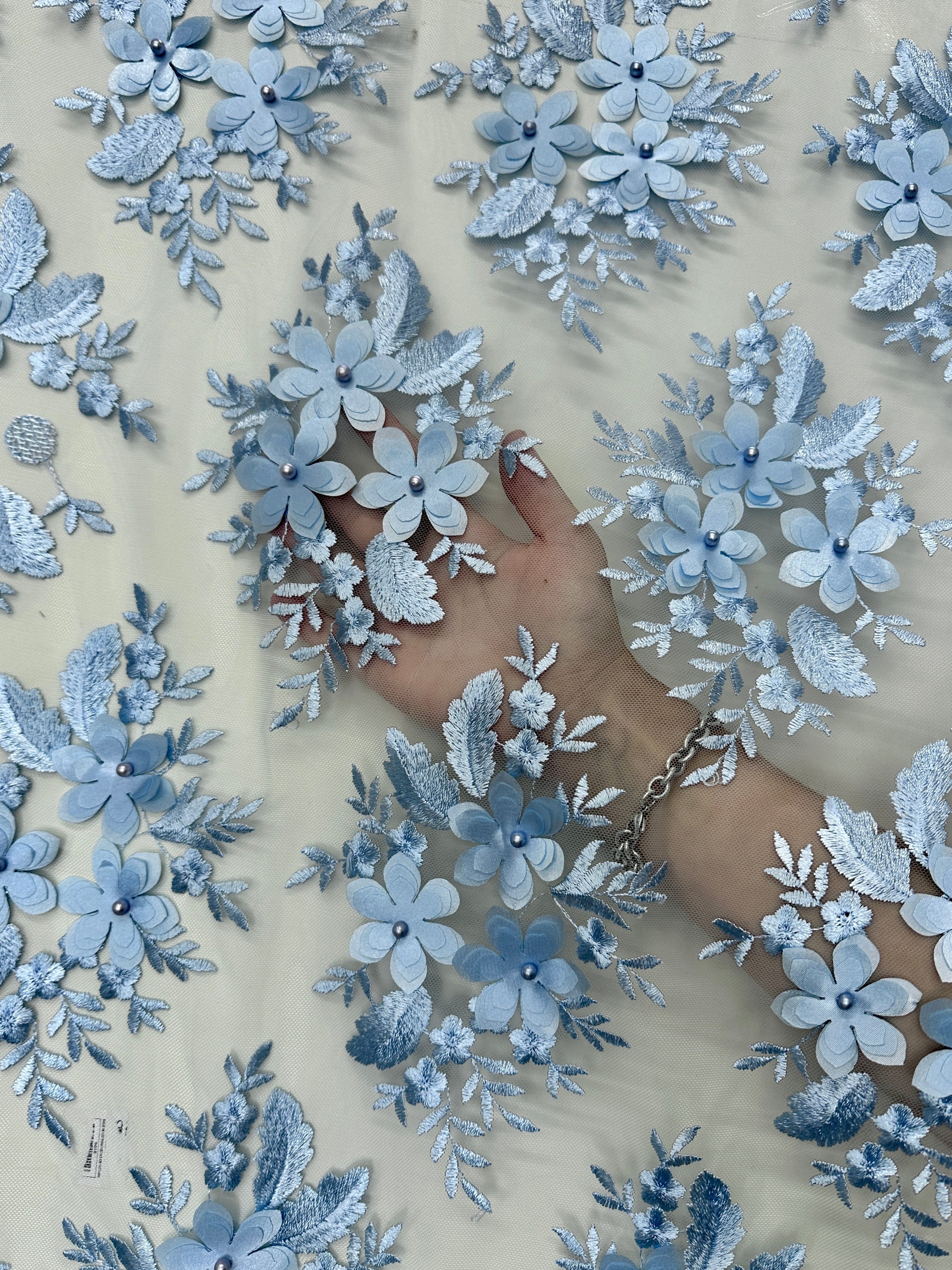 Baby Blue 3D Flower Scalloped Mesh Lace, Baby Blue Mesh, Nude lace mesh, lace mesh for woman, lace mesh for bride, lace mesh on sale, lace mesh on discount