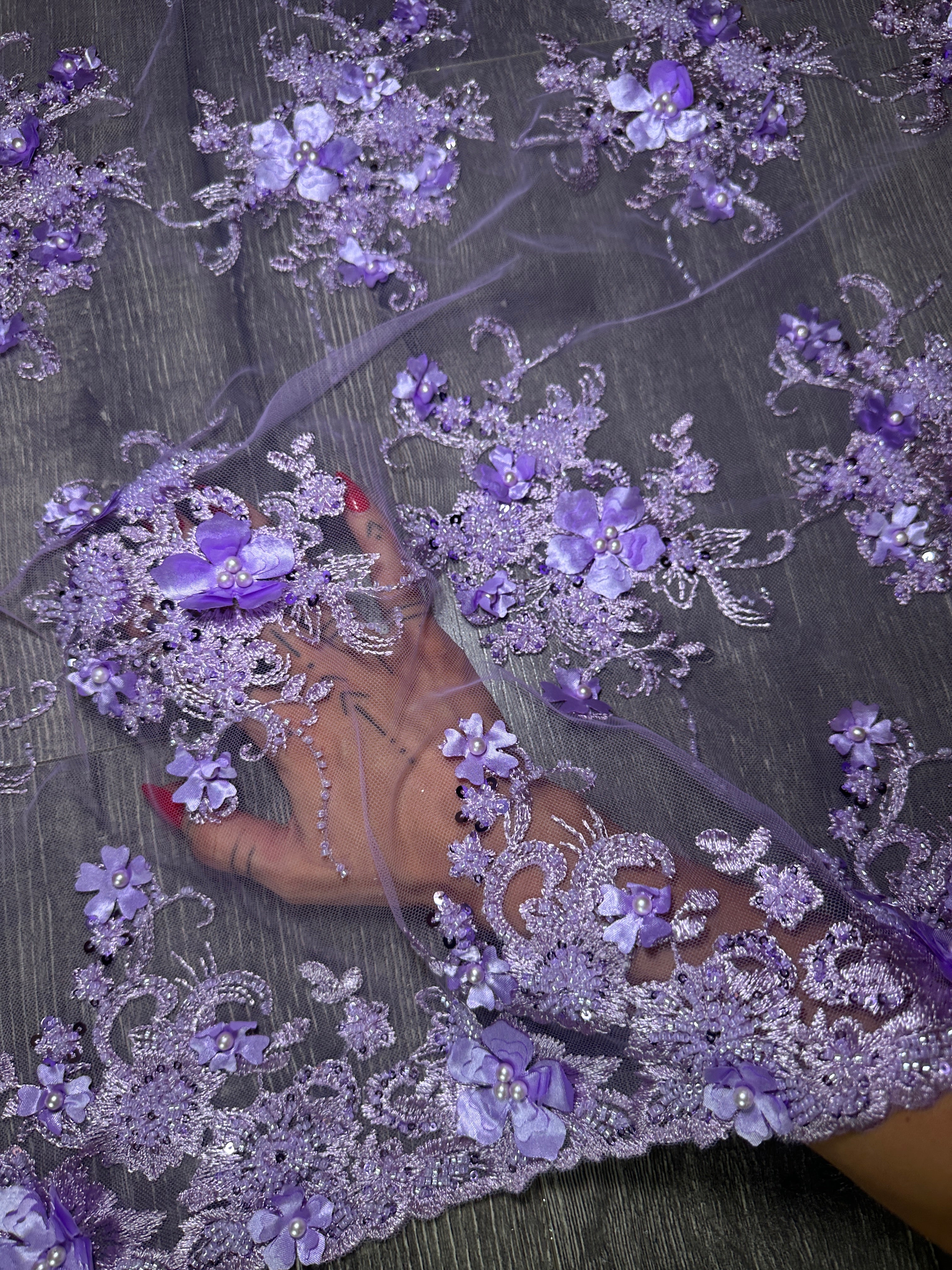 Lavender 3D Floral Embroidered Beaded Tulle Lace, Embroidered Lace, Beaded Tulle Lace, Tulle for Wedding Dress, Pearl Material, Tulle Fabric, Tulle Lace Dress Woman