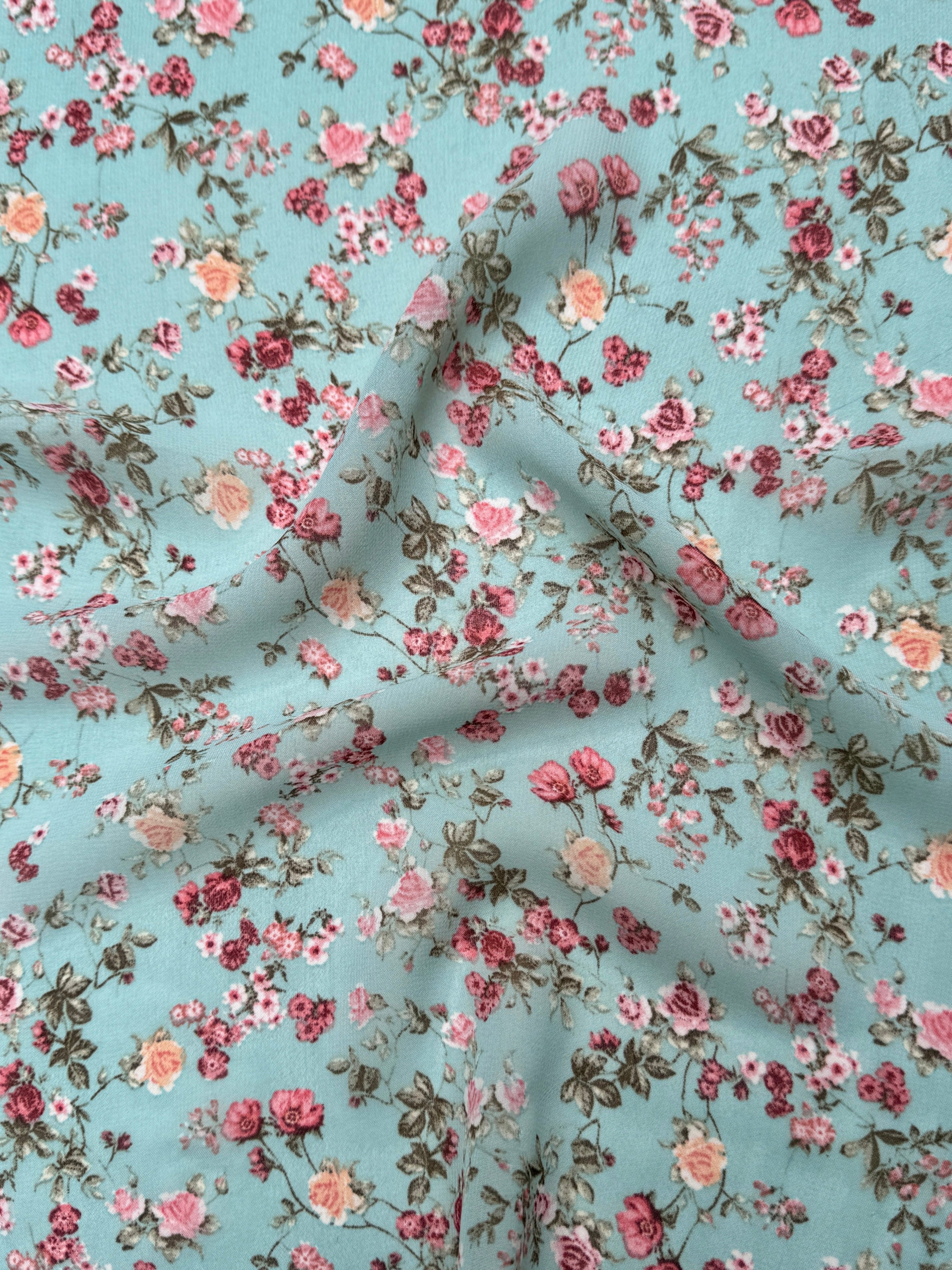 Mint mini flowers print Hi Multi Chiffon, Blush crystal chiffon, pink crystal chiffon for woman, chiffon for bride, premium chiffon, chiffon in low price, chiffon for party wear, chiffon for gown