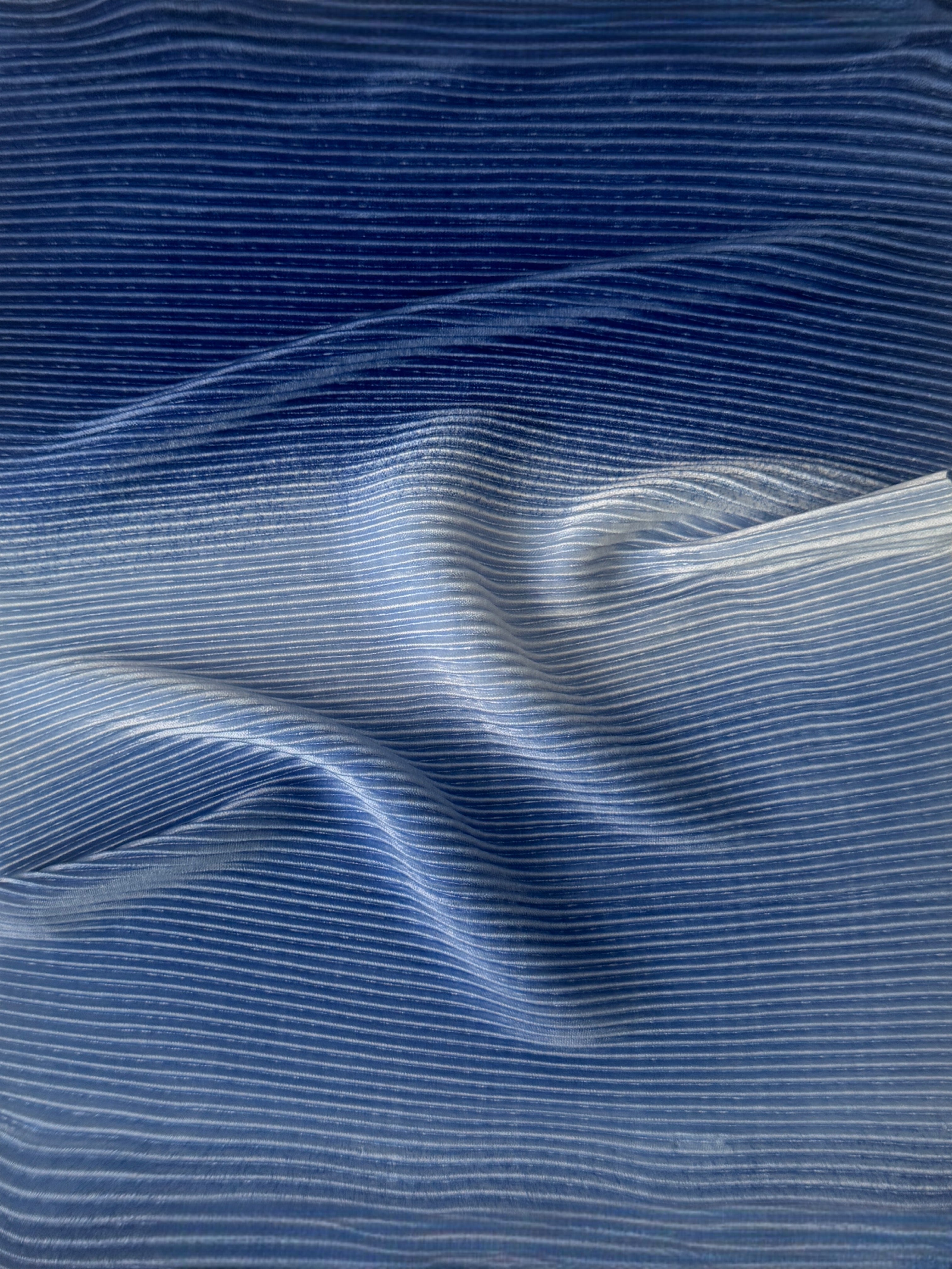 Denim Blue Ombre Pleated Knit, blue pleated knit, blue pleated fabric, pleated spandex, spandex fabric, kiki textiles, sewing, blue textured knit