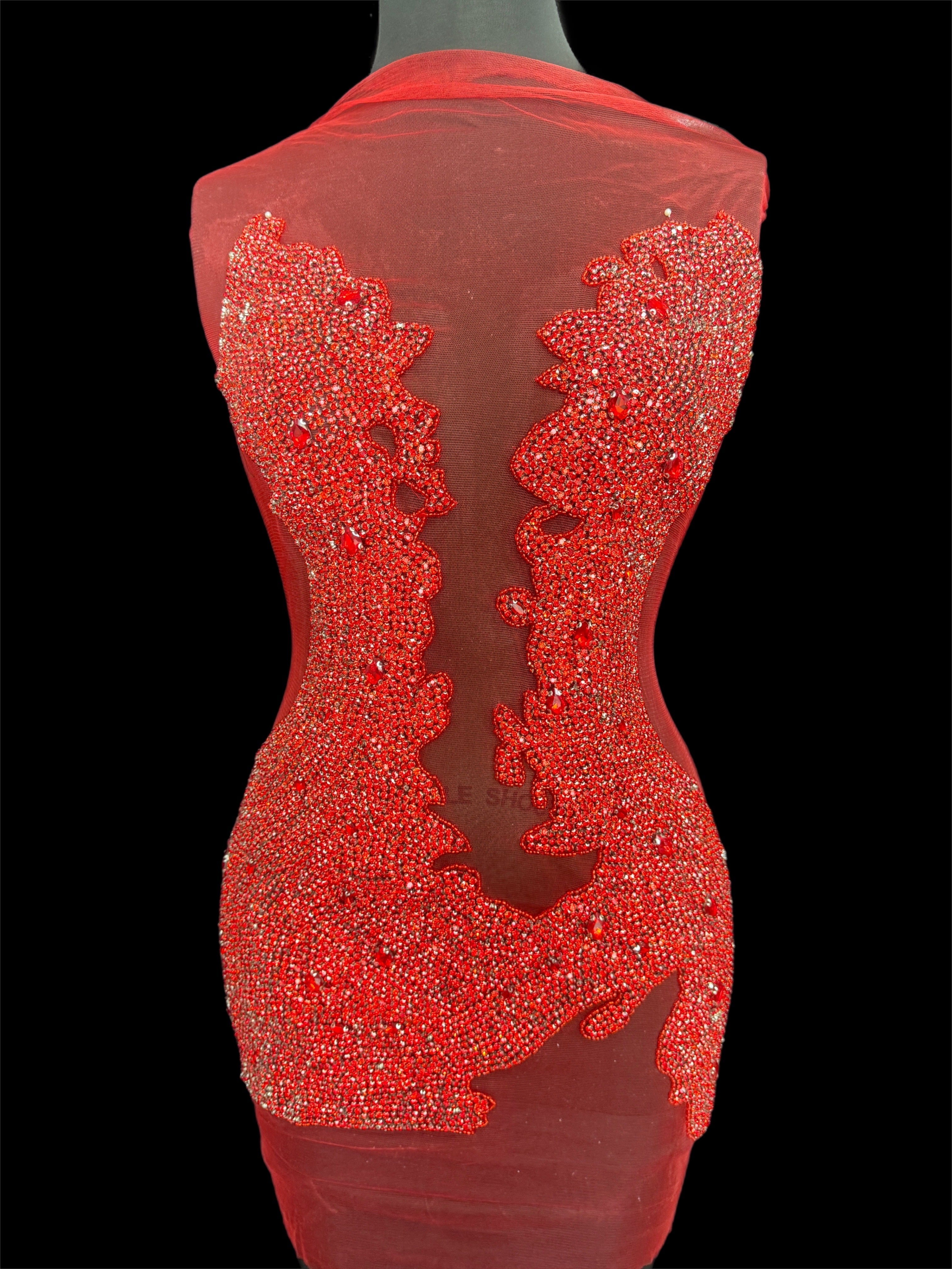 Maddy Red Rhinestone Bodice Appliqué, Silver Rhinestones Applique, Embellished clothing, Rhinestone applications, Rhinestone embroidery, Rhinestone patch, Dress patch, Rhinestones for dress