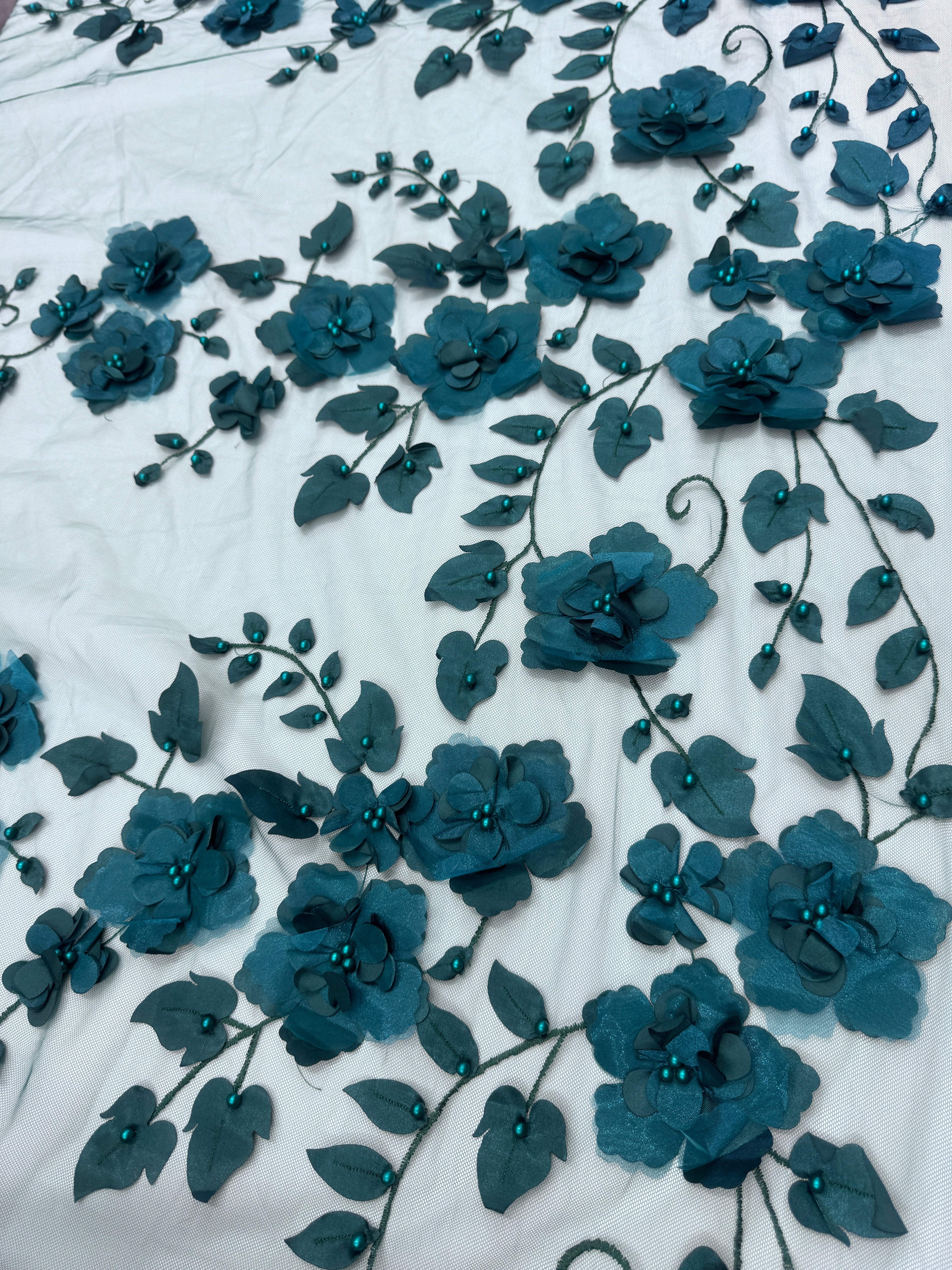 Hunter green 3D Flower Beaded Lace Mesh, Hunter green Mesh, Nude lace mesh, lace mesh for woman, lace mesh for bride, lace mesh on sale, lace mesh on discount