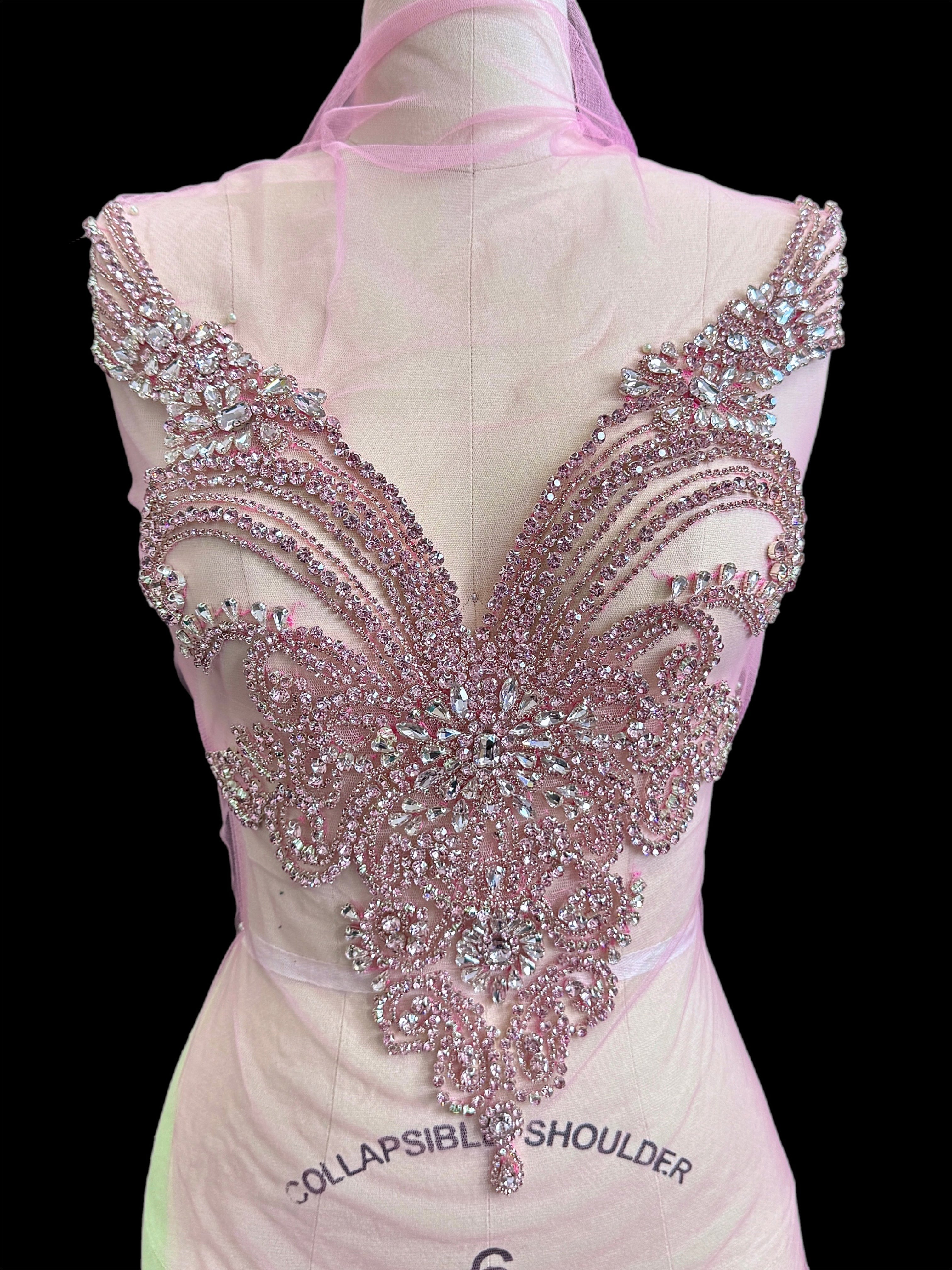 Amy Baby Pink Rhinestone Bodice Applique, pink rhinestone, dark pink rhinestone, light pink rhinestone,