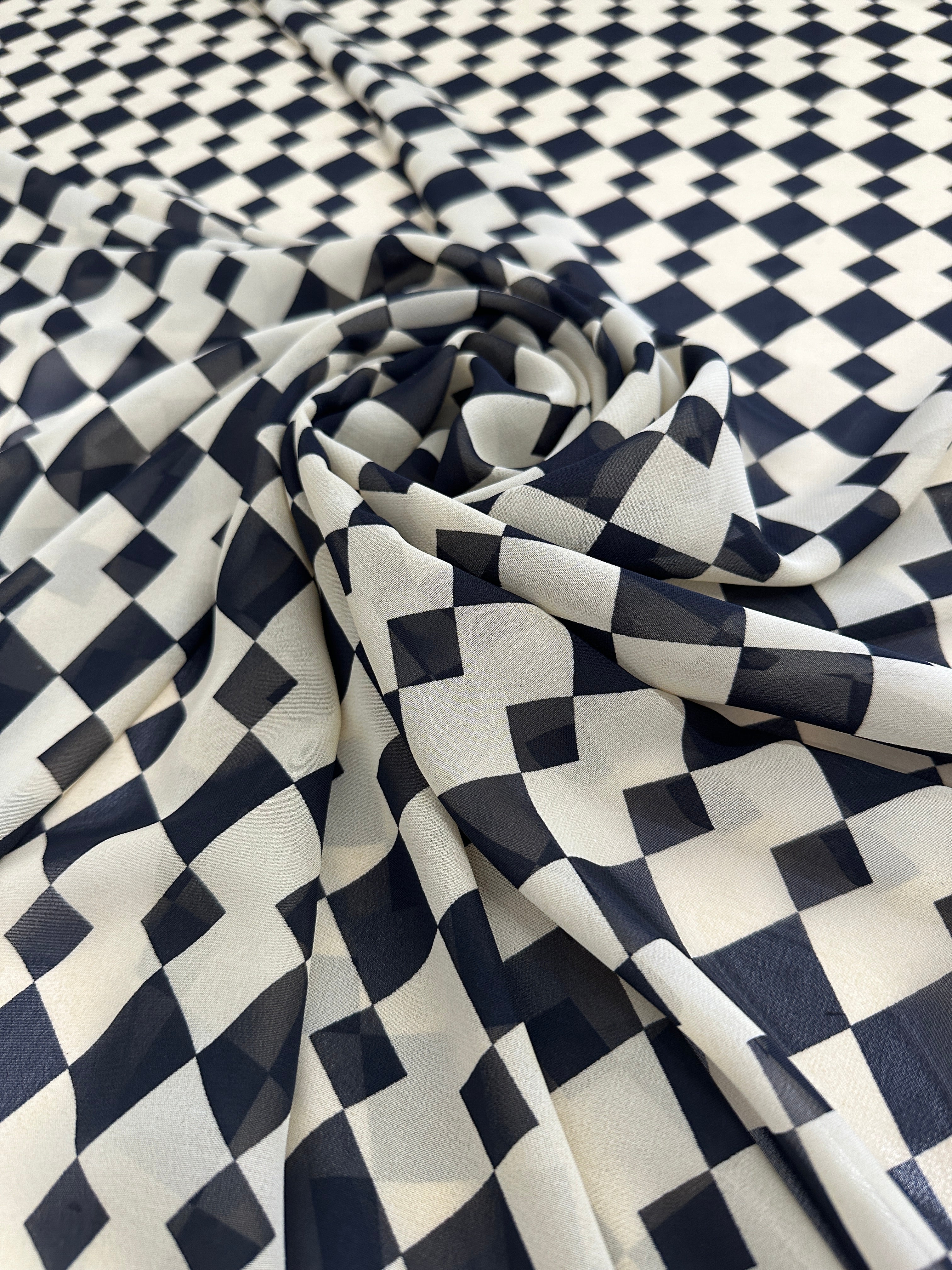 Ivory Black Checkers Viscose Chiffon, chiffon for woman, chiffon for bride, premium chiffon, chiffon in low price, chiffon for party wear, chiffon for gown