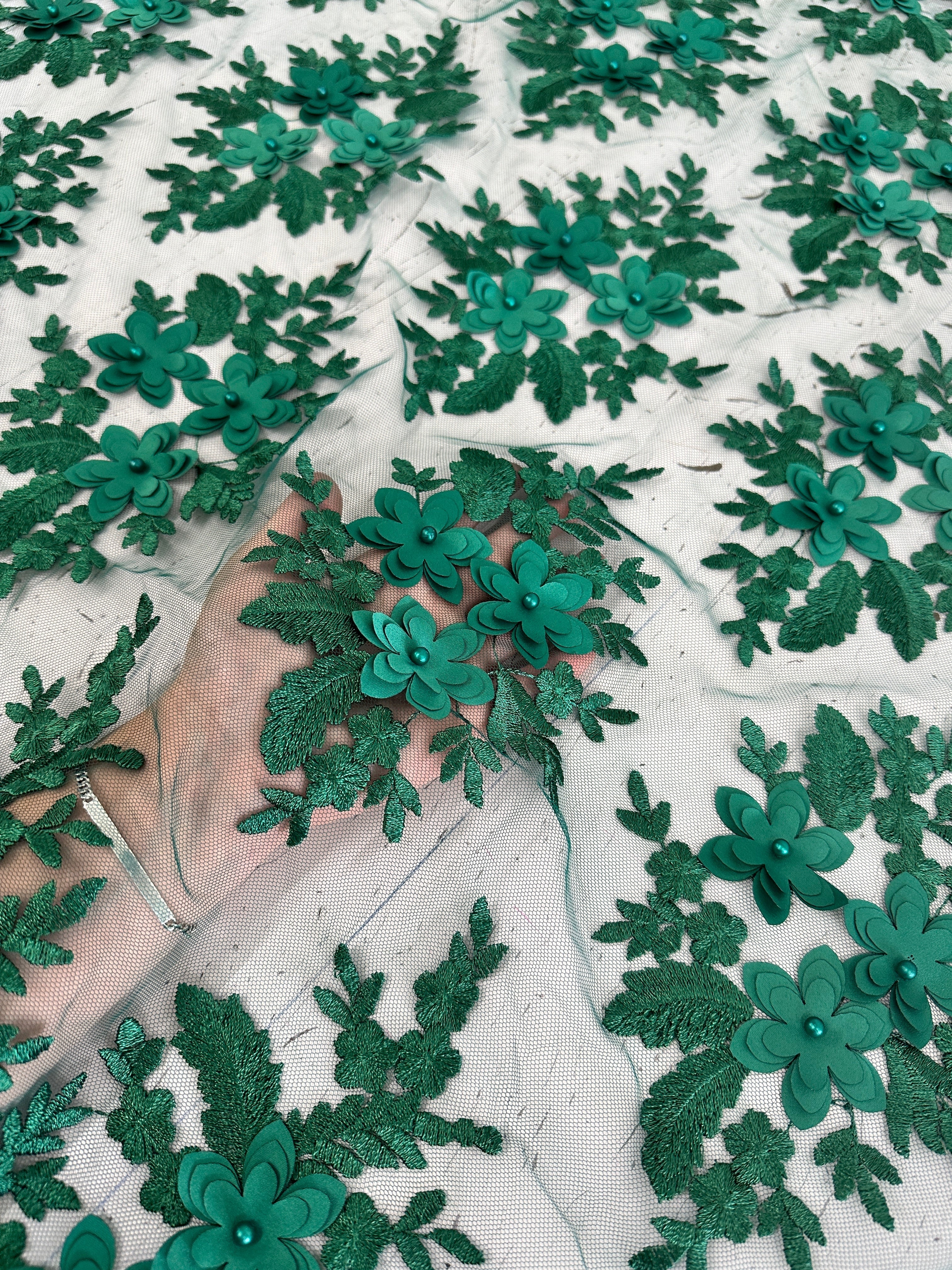 Kelly Green 3D Flower Scalloped Mesh Lace, Kelly Green Mesh, Nude lace mesh, lace mesh for woman, lace mesh for bride, lace mesh on sale, lace mesh on discount