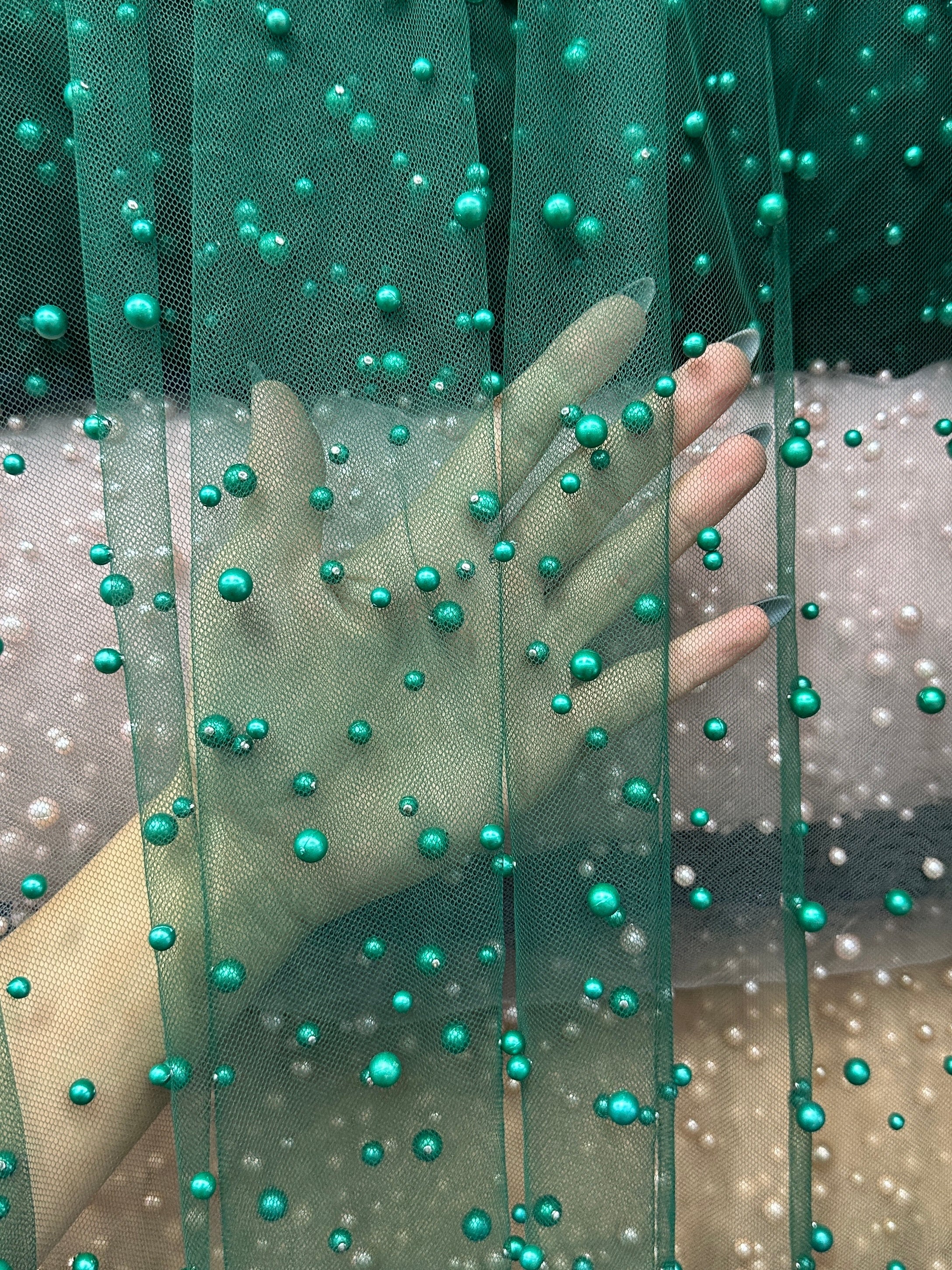 Green Pearl Tulle, Beaded Mesh, Pearl Beaded Lace, Tulle for Wedding Dress, Pearl Material, Tulle Fabric, Tulle Dress Woman