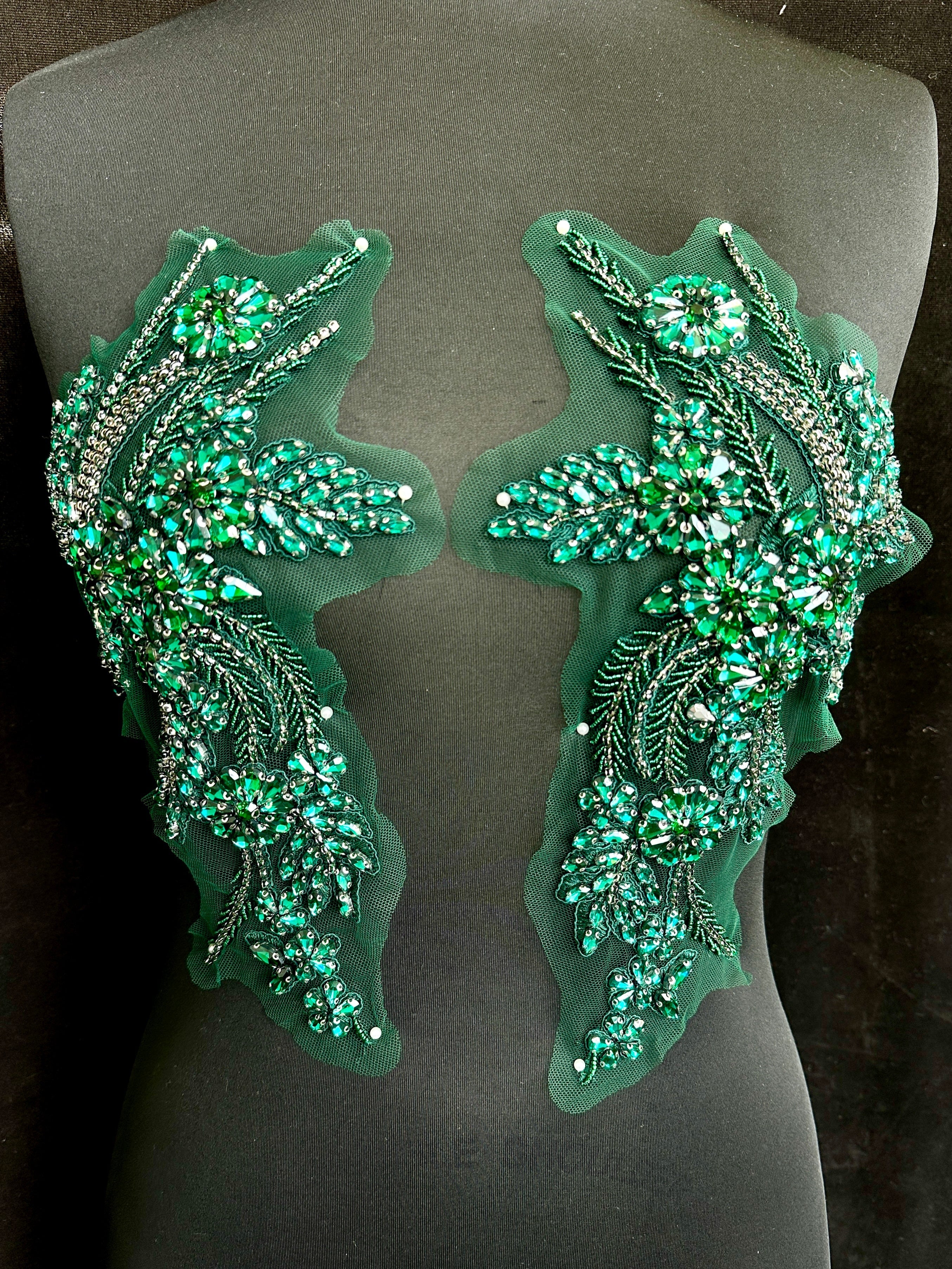 Gina Hunter Green Rhinestone Applique, Embellished clothing, Rhinestone applications, Rhinestone embroidery, Rhinestone patch, Dress patch, Rhinestones for dress