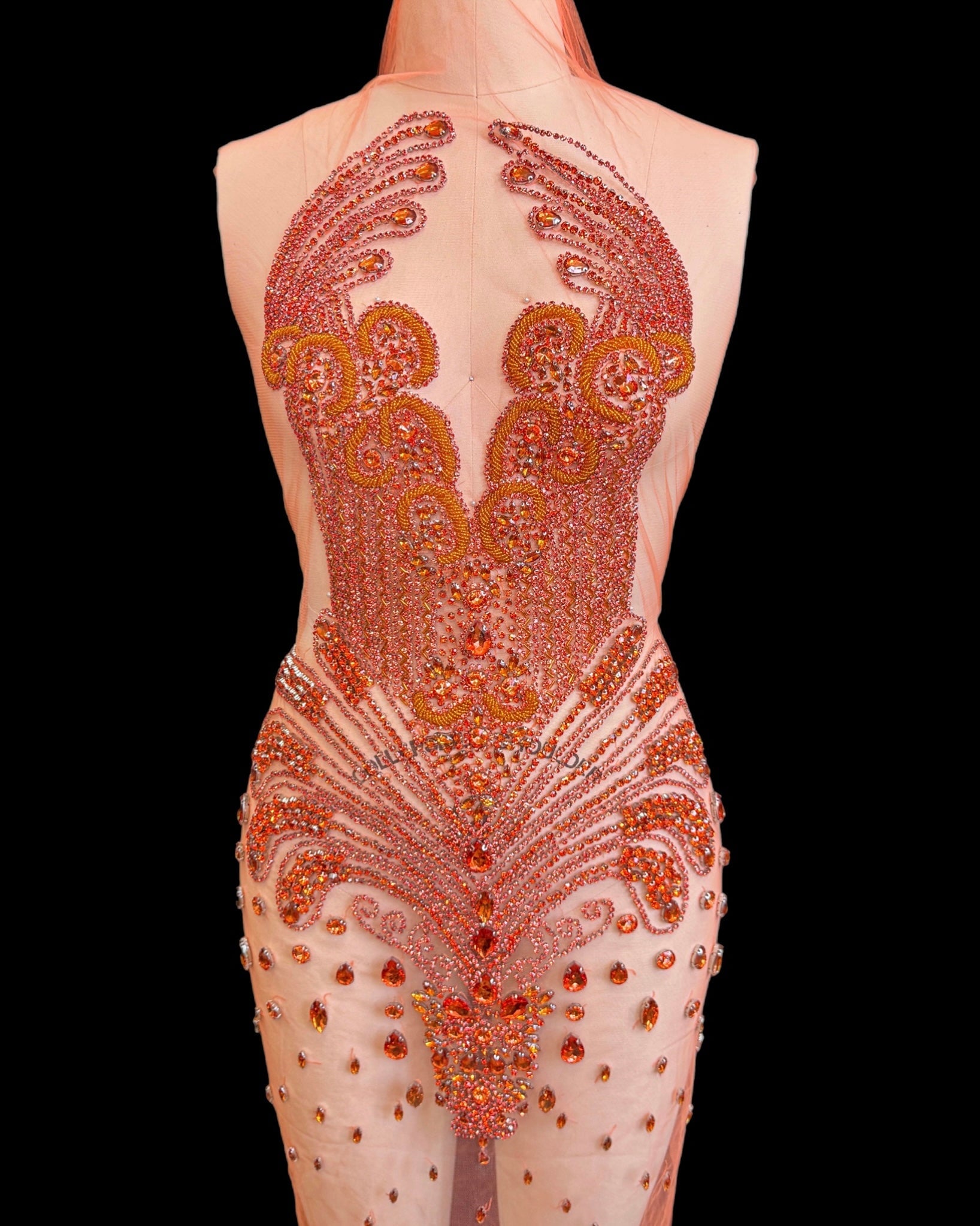 Tina Orange Rhinestone Bodice Applique, orange rhinestone, dark orange rhinestone, light orange rhinestone,