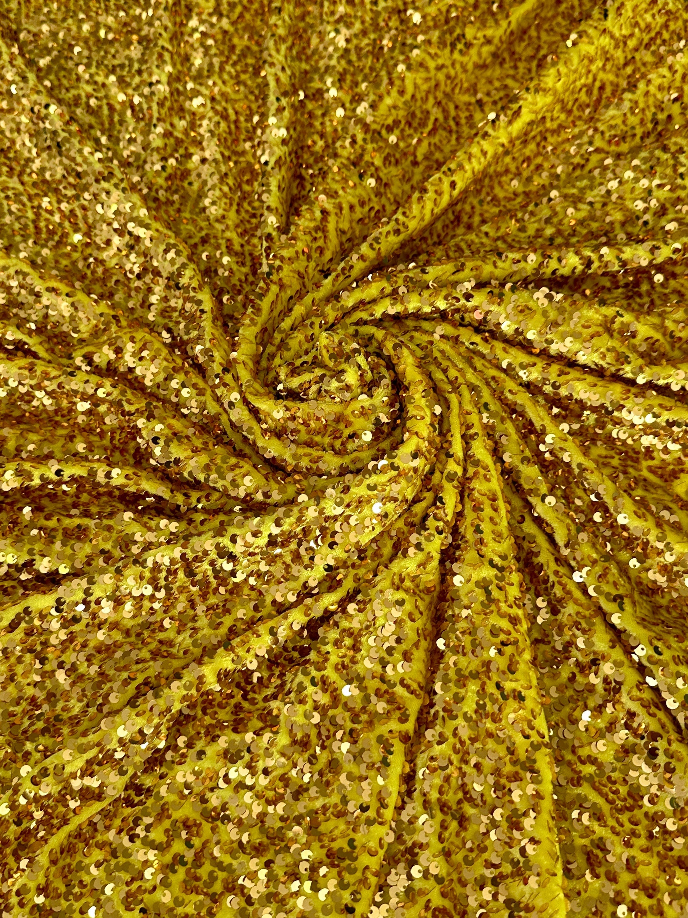 Yellow Gold Sequin on velvet, Sequin on velvet, Stretch Sequin Mesh, Stretch Sequin velvet for woman, Stretch Sequin velvet for bride, Stretch Sequin velvet on discount, Stretch Sequin velvet online