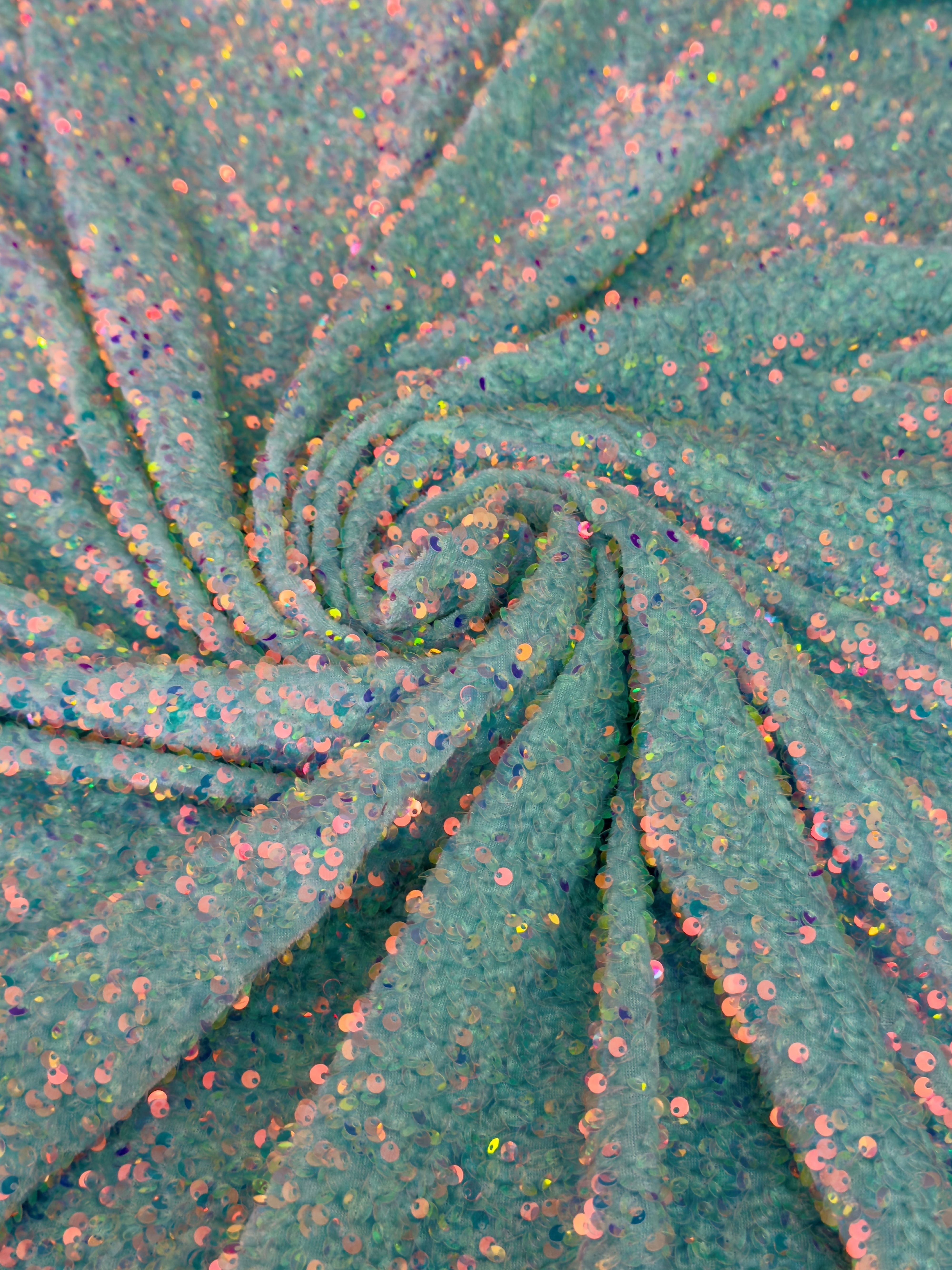 Mint Sequin on Velvet, Sequin on velvet, Stretch Sequin Mesh, Stretch Sequin velvet for woman, Stretch Sequin velvet for bride, Stretch Sequin velvet on discount, Stretch Sequin velvet online