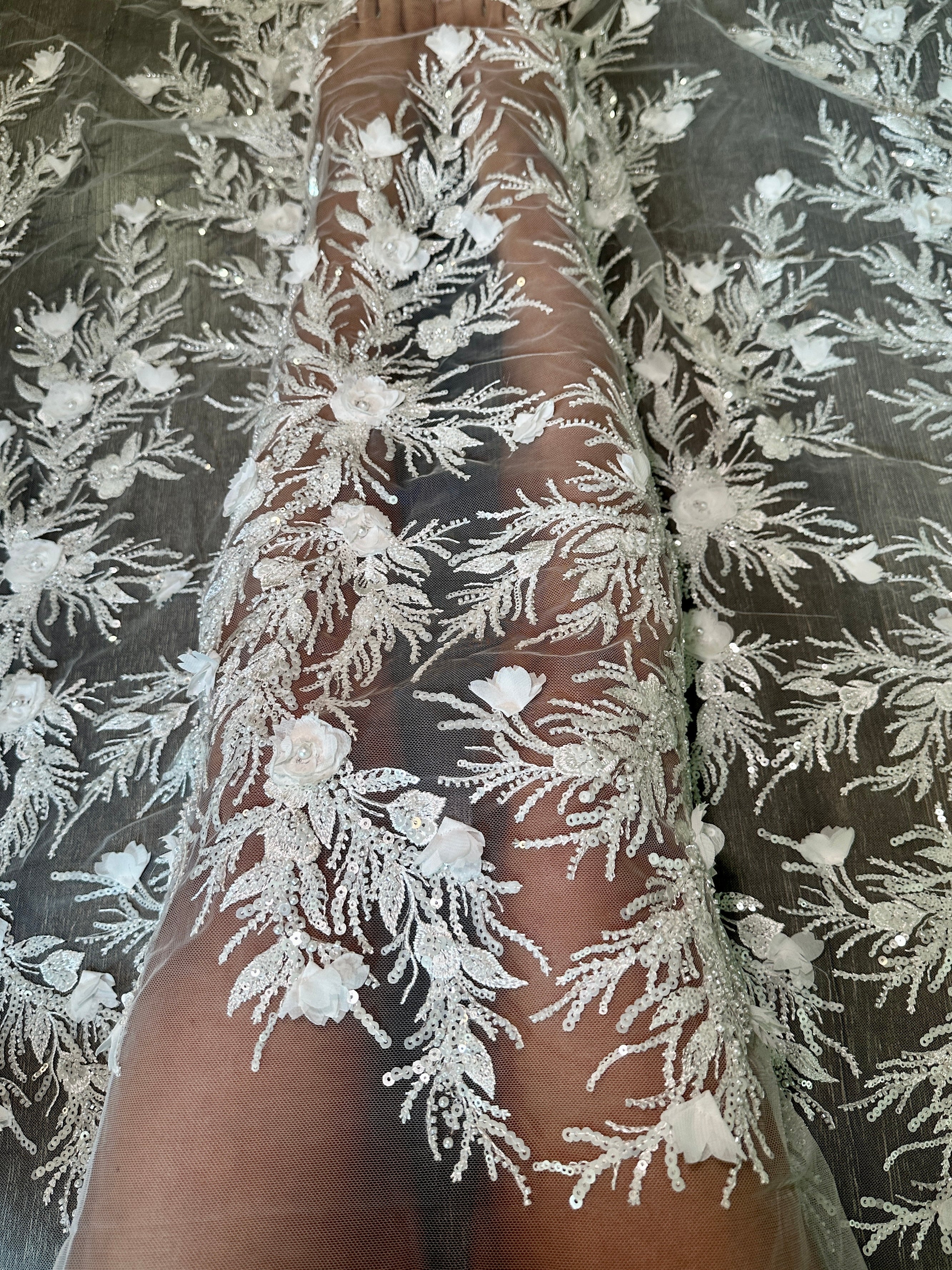 White 3D Floral Branch Sequin Beaded Lace, White Lace Mesh, Beaded sequin lace, nude lace mesh, Glitter Lace, Seed beads lace, Lace mesh on discount