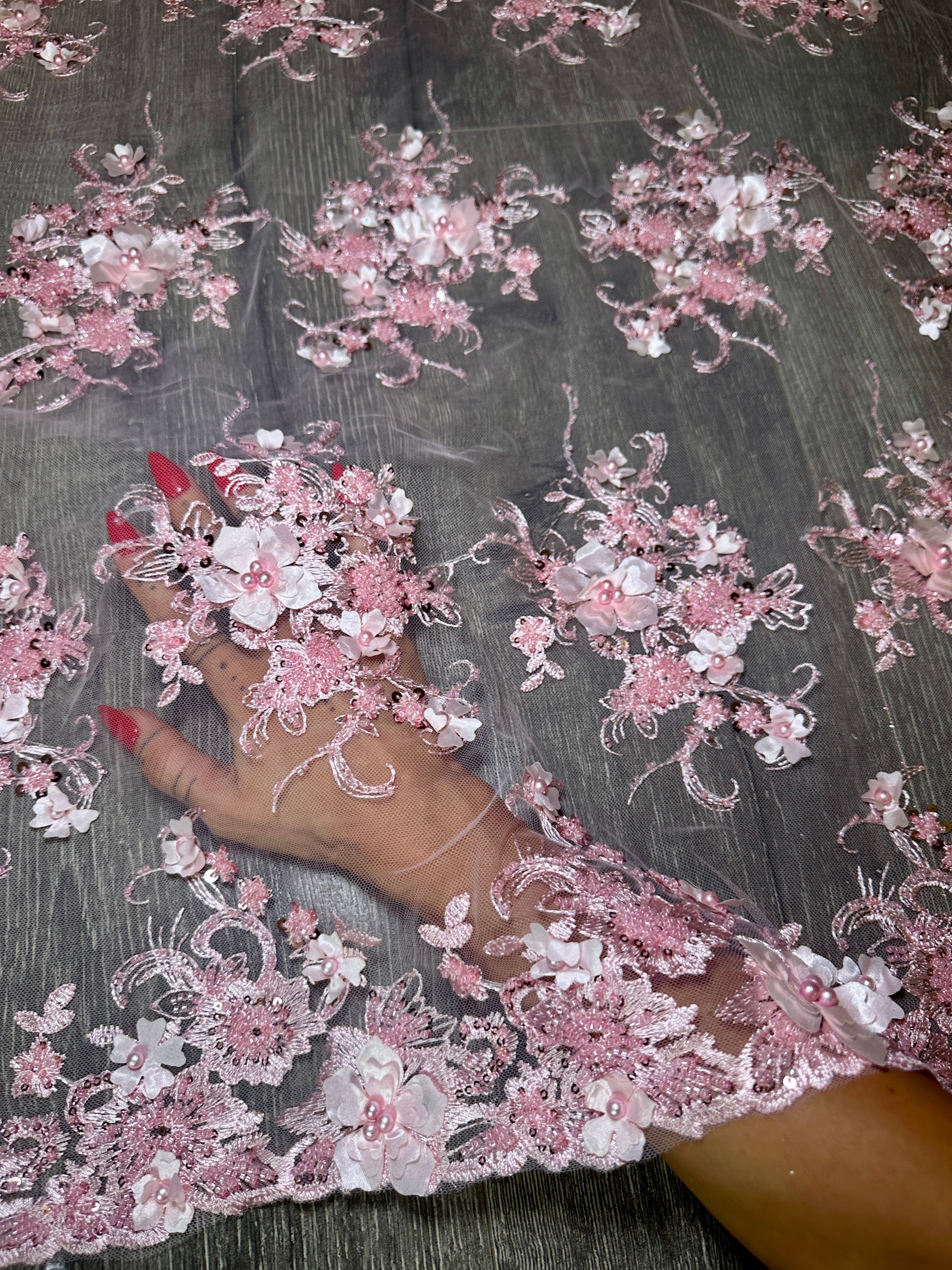 Baby Pink 3D Floral Embroidered Beaded Tulle Lace, Embroidered Lace, Beaded Tulle Lace, Tulle for Wedding Dress, Pearl Material, Tulle Fabric, Tulle Lace Dress Woman