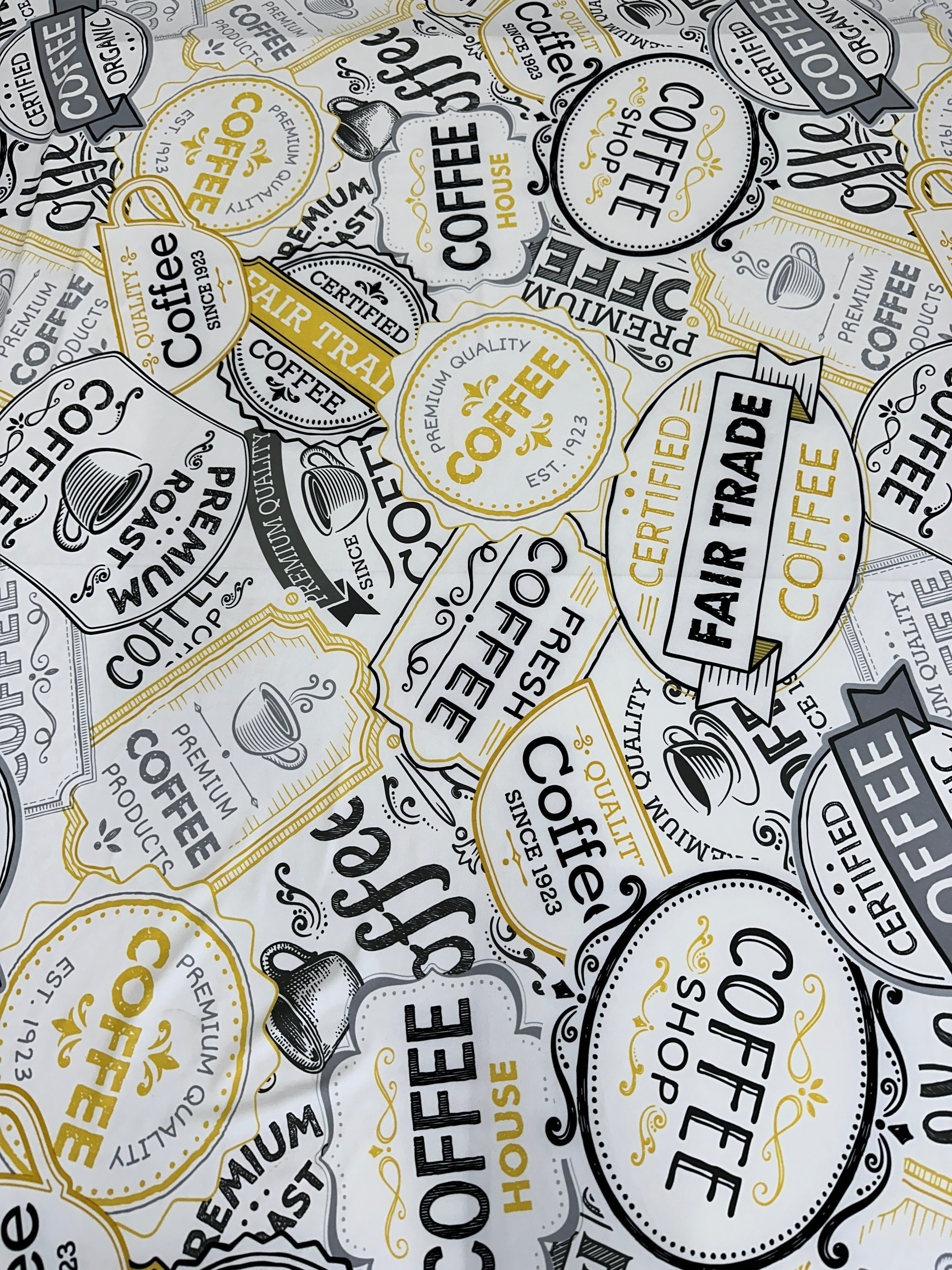 White Coffee Print Nylon Spandex, White Spandex, Nylon Spandex, Shiny Spandex,Stretch Fabric, 4 way stretch fabric, Fabric on Sale, Activewear Fabric, Polyester Fabric