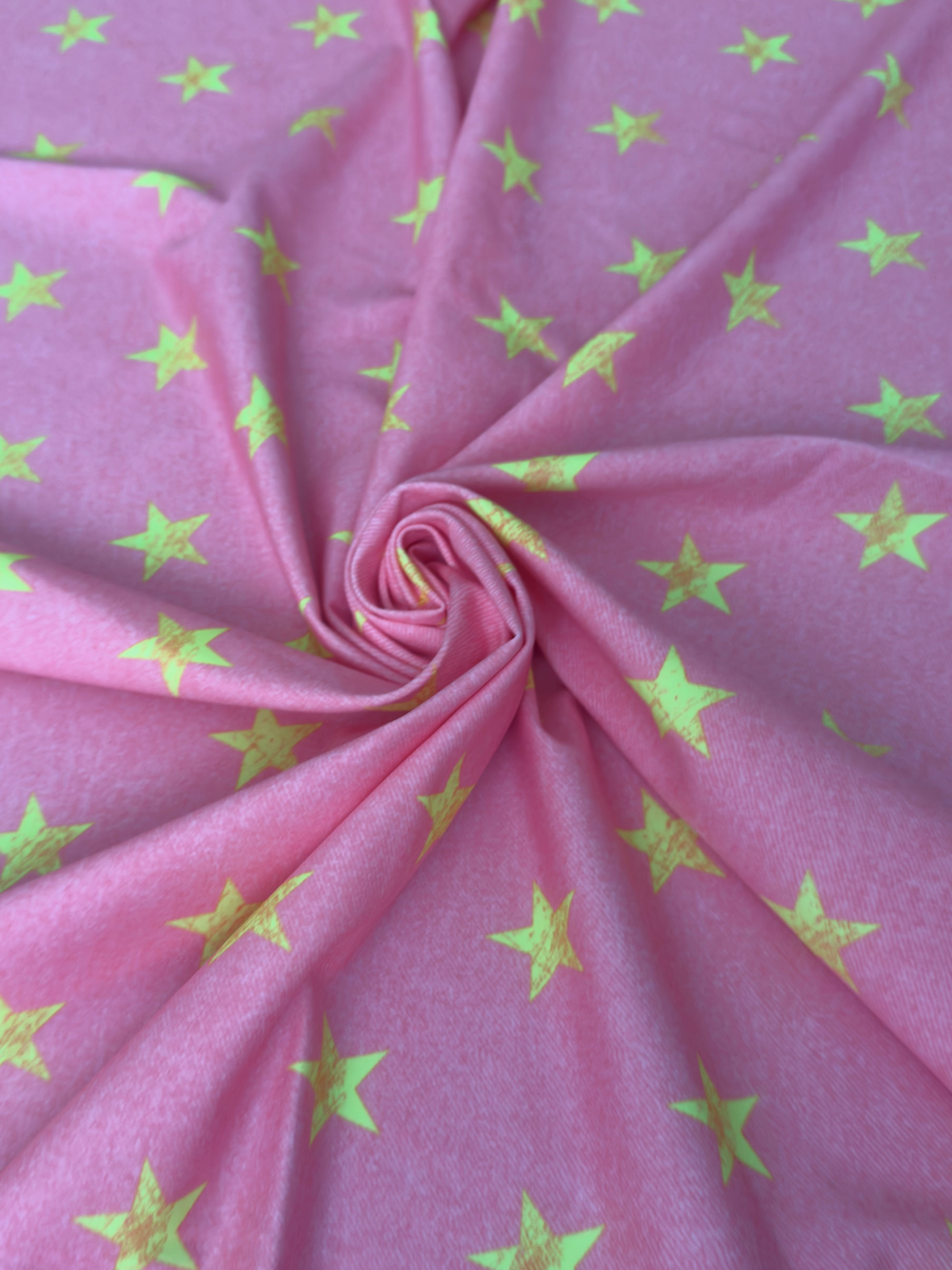 Yellow Stars on Bubble Pink Nylon Spandex, Nylon Spandex, Shiny Spandex, Stretch Fabric, 4 way stretch fabric, Fabric on Sale, Activewear Fabric, Polyester Fabric